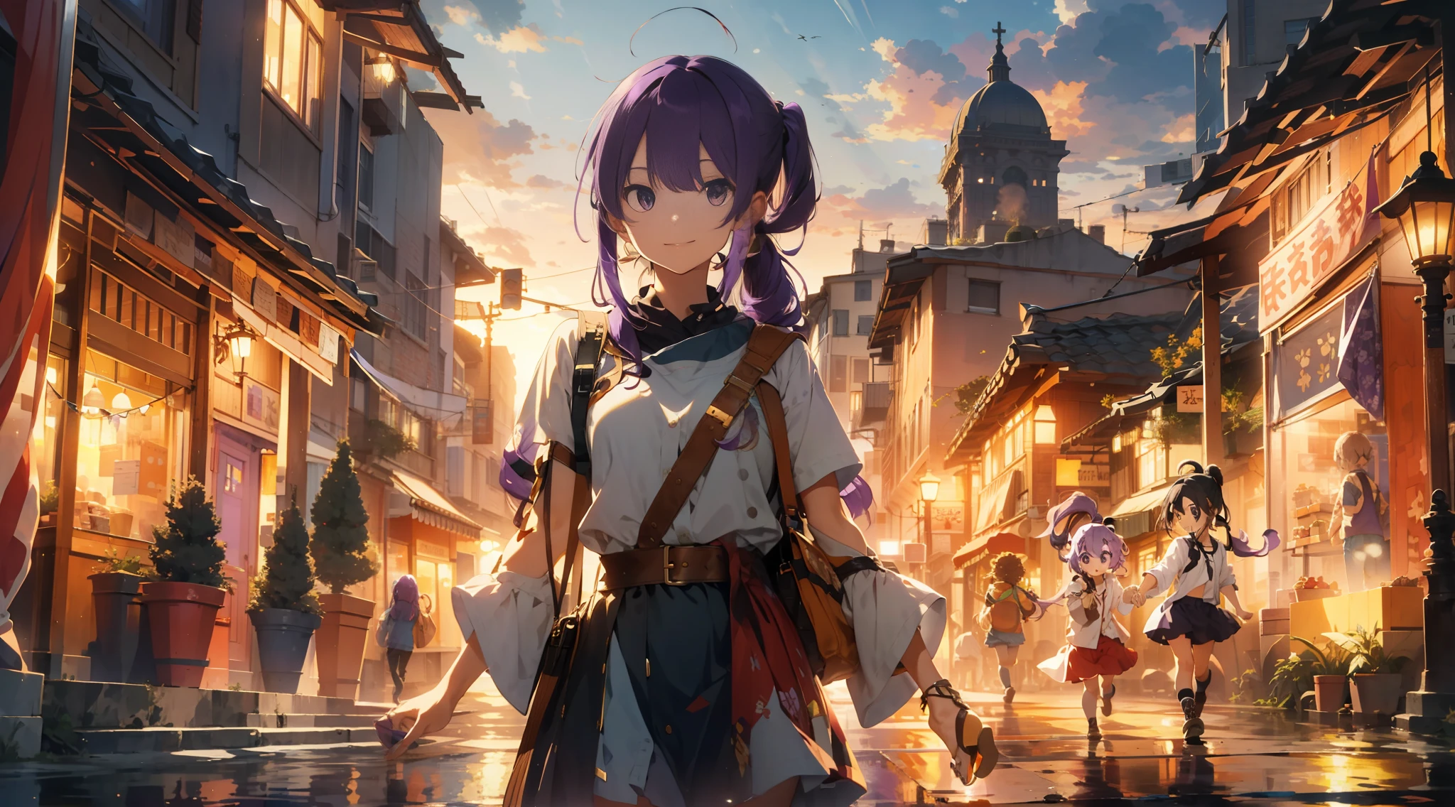Double ponytail, long hair, purple hair, curly hair