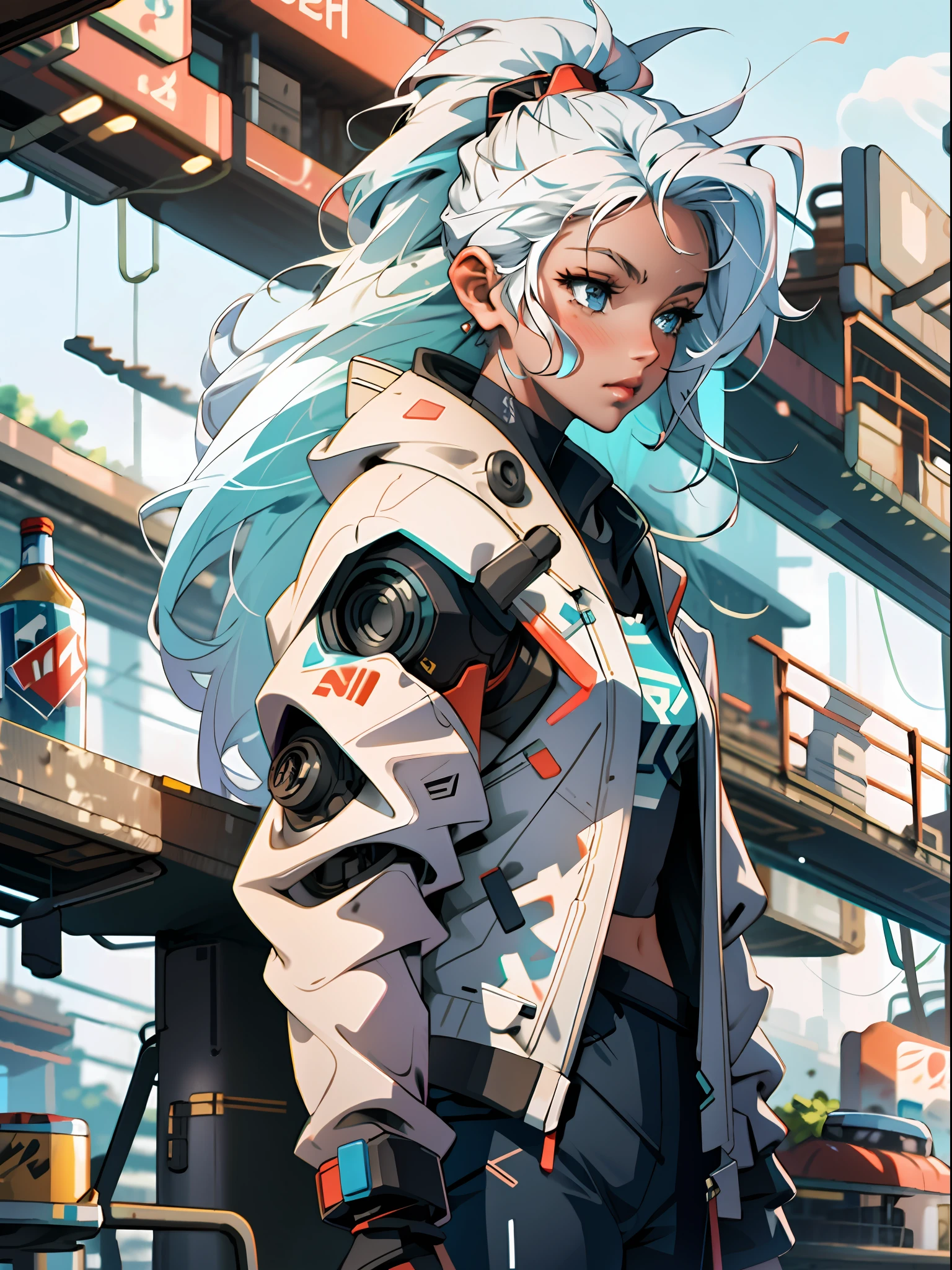 (best quality, masterpiece),1girl,cyberpunk,robotic left arm,sexy,futuristic bar,white hair long,looking away,blurry background,