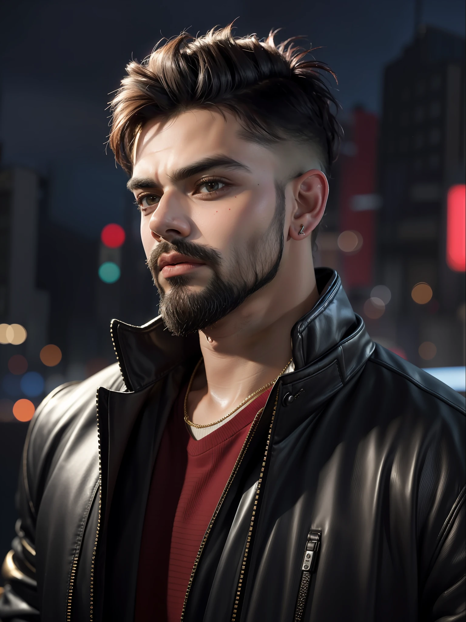 Best quality, masterpiece, ultra high res, (photorealistic:1.4), raw photo,Virat Kohli, facial hair, cyberpunk night backdrop