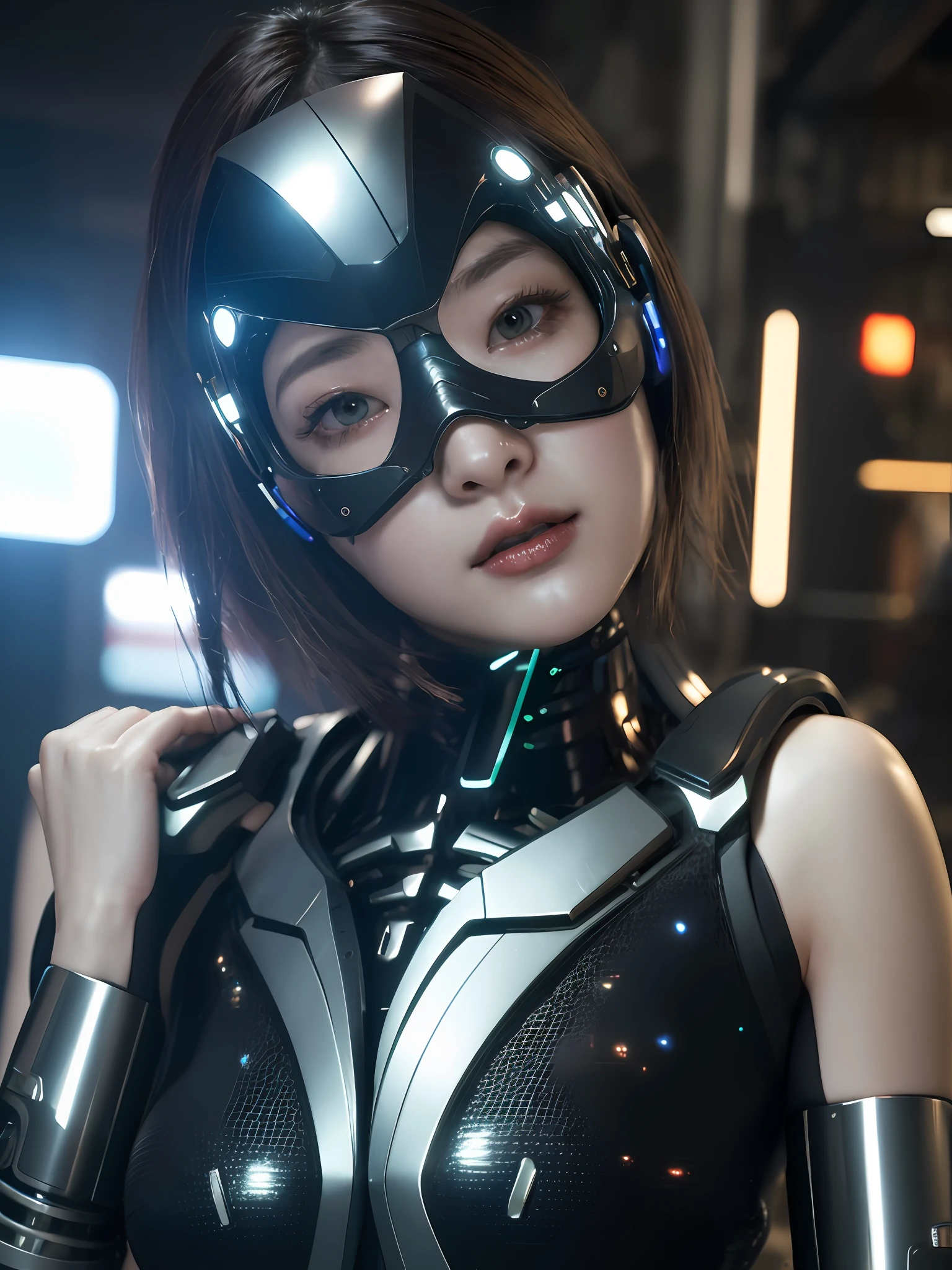 (extremely detailed CG unity 8k wallpaper,masterpiece, best quality, ultra-detailed),(best illumination, best shadow, an extremely delicate and beautiful),cinematic,half body shot,metallic female cyborg with a cyberpunk vibe.