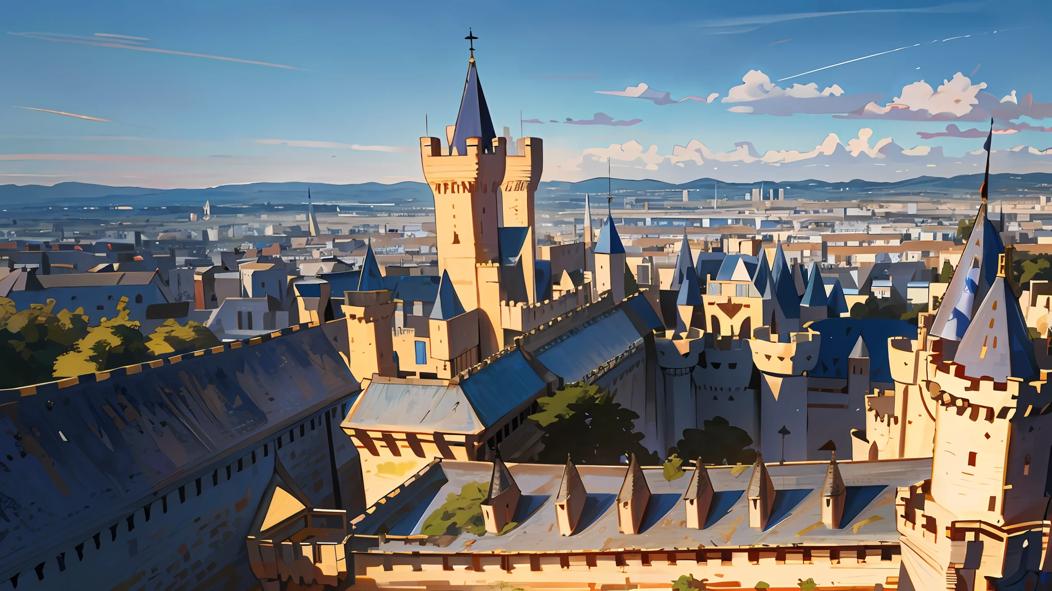 Alafid view of the (high quality) castle with a flag, Carcassonne, battlements, around the city, spine and towers, Dorne, video, Rennes-Le Castle, Medieval, castle tower, Etienne Dressett, air, turret, 4 0 9 6, trailer, medieval city, aerial shot