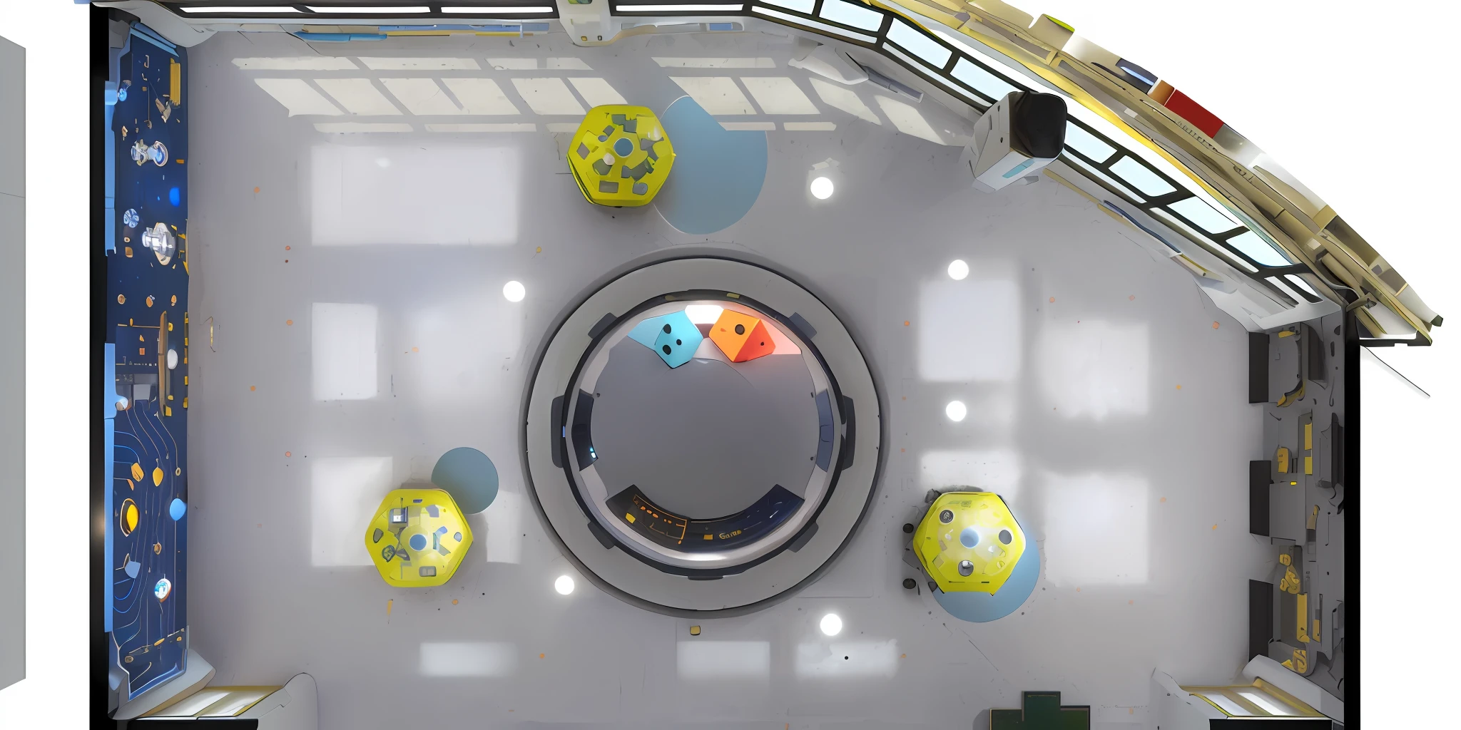 there is a room with a clock and several dice pieces, top - view, inside a science facility, 2 d overhead view, the inside of a ufo, space station interior, view from above, random circular platforms, incubator medpods, overhead shot, high - angle view, above view, [ overhead view ]!!, overhead view, [ overhead view ]!