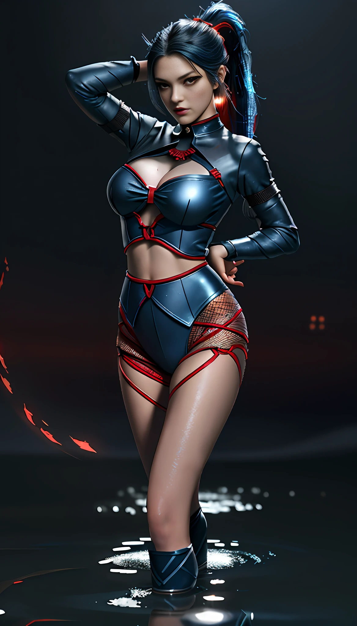 Perfect waist cut, Large breasts, Warrior girl with a small short sword on hand, Skimpy fishnet glossy clothes, organza elements on clothes, net clothes, dark blue hair with red highlights, (perfect nose), Seductive gaze, dark blue high boots on high heels with red highlights, (Best Illustration), 8k Resolution, Intricate Details, Best Quality, Realistic, Ultra Detailed, Best Lighting, Best Shadows, Ultra HD, A Necromancer style, Night, Magic, Dark Style, Vampire, (shining red eyes:1.6), masterpiece, high_res, Beautiful face, tyndall effect, photo realistic, (high detailed skin:1.2), 8k uhd, dslr, high quality, Photograph, high resolution, 4k, 8k, Bokeh, absurdres, ponytail contorted, best ratio four finger and one thumb, front view, dark blue hair gorgeous, perfect proportional skinny fitness body, full body view, wet skin, wet clothes, dark cathedral baground scenery, huge bobs, belly muscle, long fit perfect legs, fishnet dark red Stockings, realistic reflection in the water
