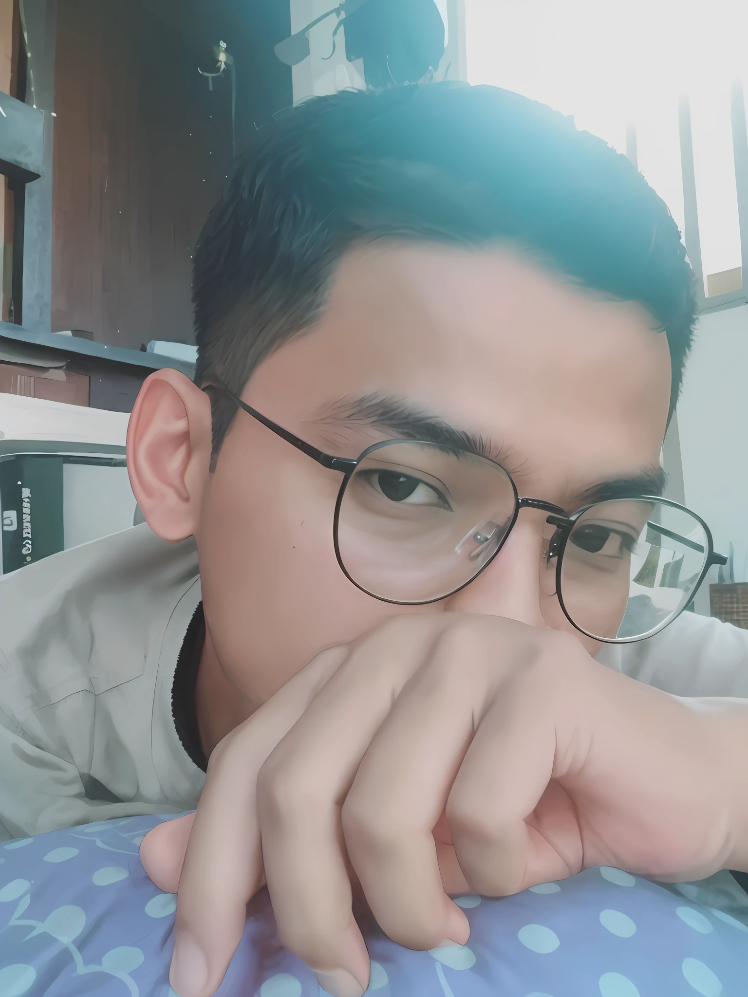 there is a man with glasses laying on a pillow with a pillow, with accurate face, ramil sunga, with glasses, close up potrait, spectacled, thawan duchanee, mid shot portrait, with glasses on, john jude palencar, with small nose, potrait, semi realism, wearing small round glasses,32 k resolution,high quality performance