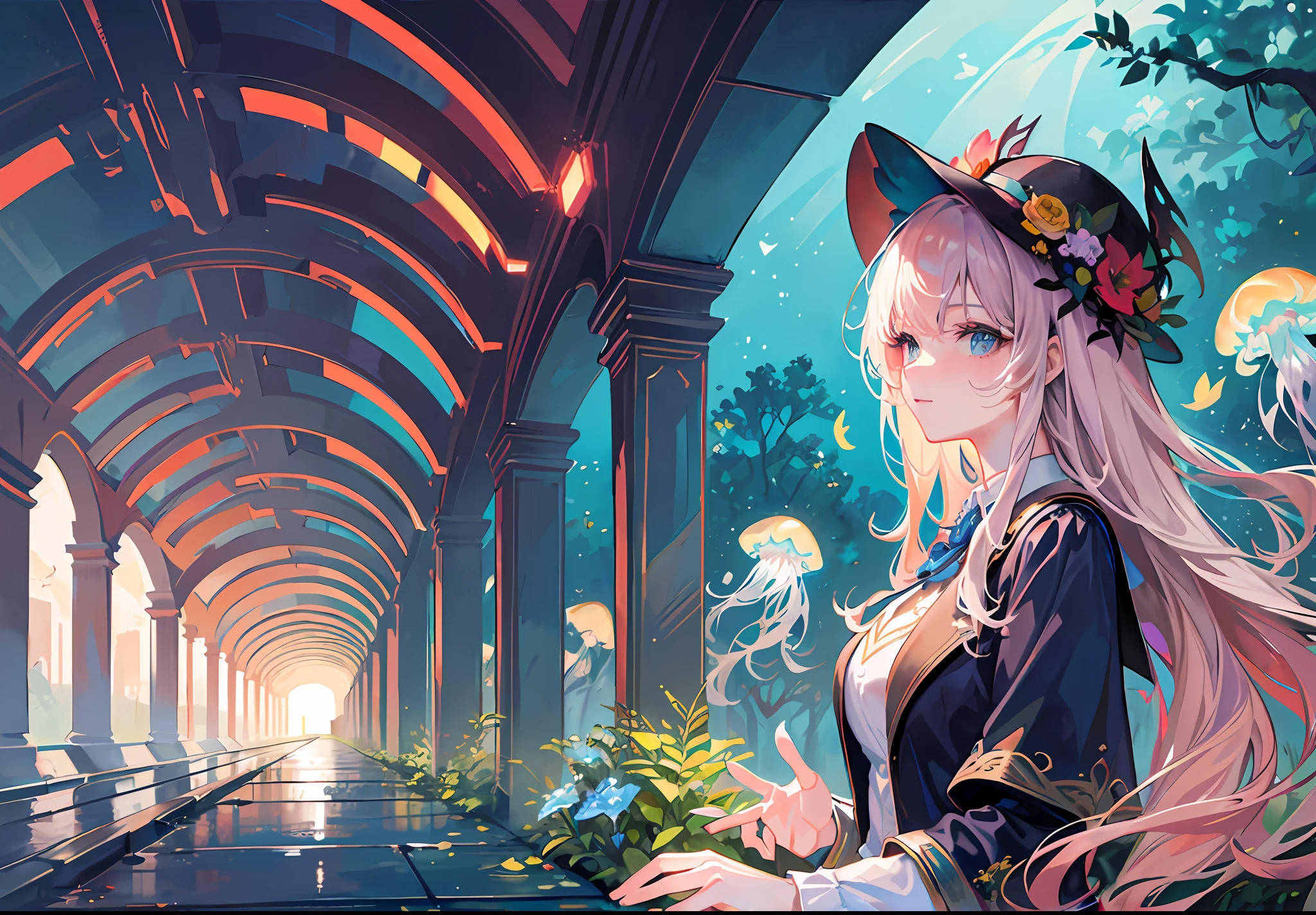 masterpiece, high quality, marine forest, city, fantastic fantasy, 22-year-old girl in the center looking up at the sky, glowing plants, coral viaduct, (school of shining jellyfish), (school of fish with transparent wings flying in the sky), fog, extreme detail, morning light, magnificent composition, (intricate detail), (intricate design, super detail: 1.2), art station, (masterpiece, best quality), Ultra HD, 32k --v 6