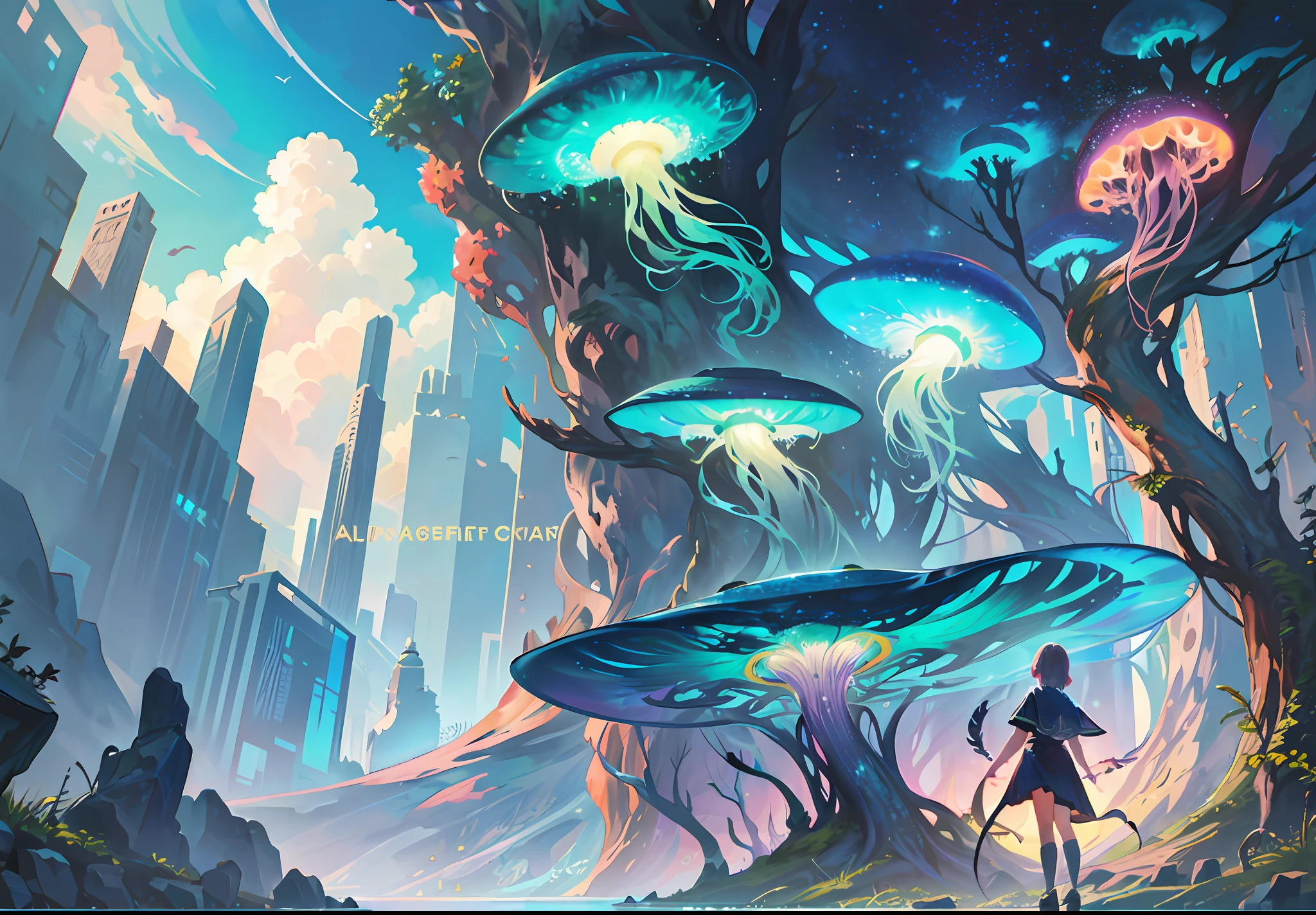 masterpiece, high quality, marine forest, city, fantastic fantasy, 22-year-old girl in the center looking up at the sky, glowing plants, coral viaduct, (school of shining jellyfish), (school of fish with transparent wings flying in the sky), fog, extreme detail, morning light, magnificent composition, (intricate detail), (intricate design, super detail: 1.2), art station, (masterpiece, best quality), Ultra HD, 32k --v 6