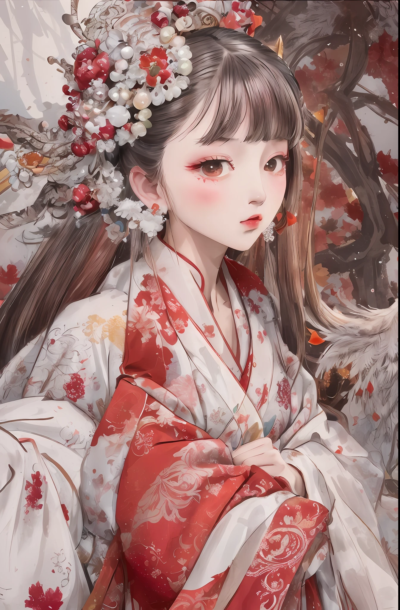 a close up of a woman wearing a red and white kimono, palace , a girl in hanfu, official artwork, 中 元 节, chinese fantasy, hanfu, loong, artwork in the style of guweiz, trending on cgstation, inspired by Tang Yifen, autumnal empress, by Tooth Wu, inspired by Ma Yuanyu