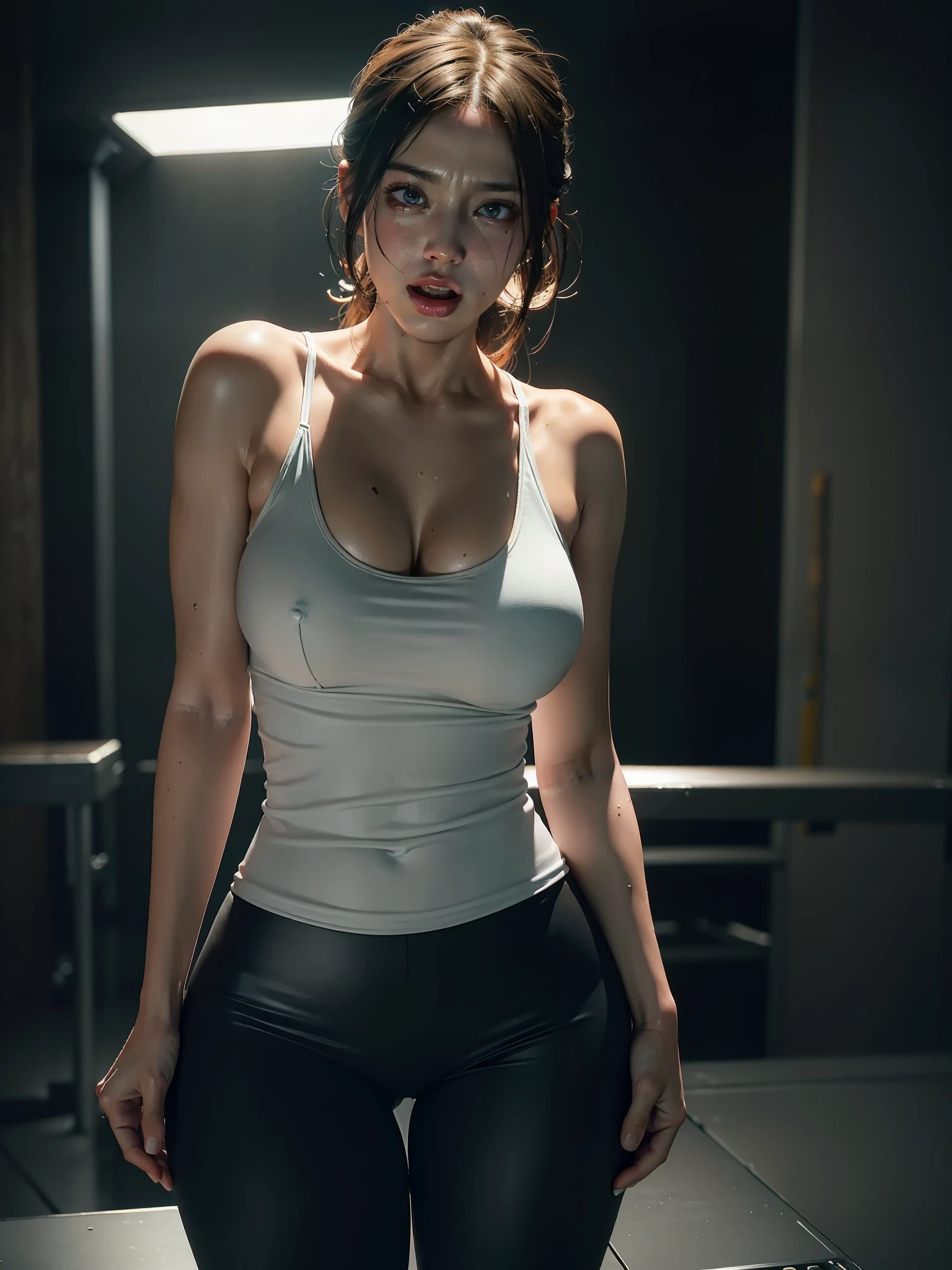 beautiful cyberpunk girl Yoga pants smile optimistic kitchen, (tight breasts, tank top, thick thighs, hourglass figure, scared to tears, full of tears , submit to pain, moan in pain, grimace in pain, open mouth, screaming, wet white clothes)), photorealistic, photo, masterpiece, realistic, realism, photorealism, high contrast, photorealistic digital art trending on Artstation 8k HD high definition detailed realistic, detailed, skin texture, hyper detailed, realistic skin texture, armature, best quality, ultra high res, scared to tears, full of tears , submit to pain, moan in pain, grimace in pain, open mouth, screaming, wet white clothes, (photorealistic:1.4),, high resolution, detailed, raw photo, sharp re, by lee jeffries nikon d850 film stock photograph 4 kodak portra 400 camera f1.6 lens rich colors hyper realistic lifelike texture soft lighting unrealengine trending on artstation cinestill 800,