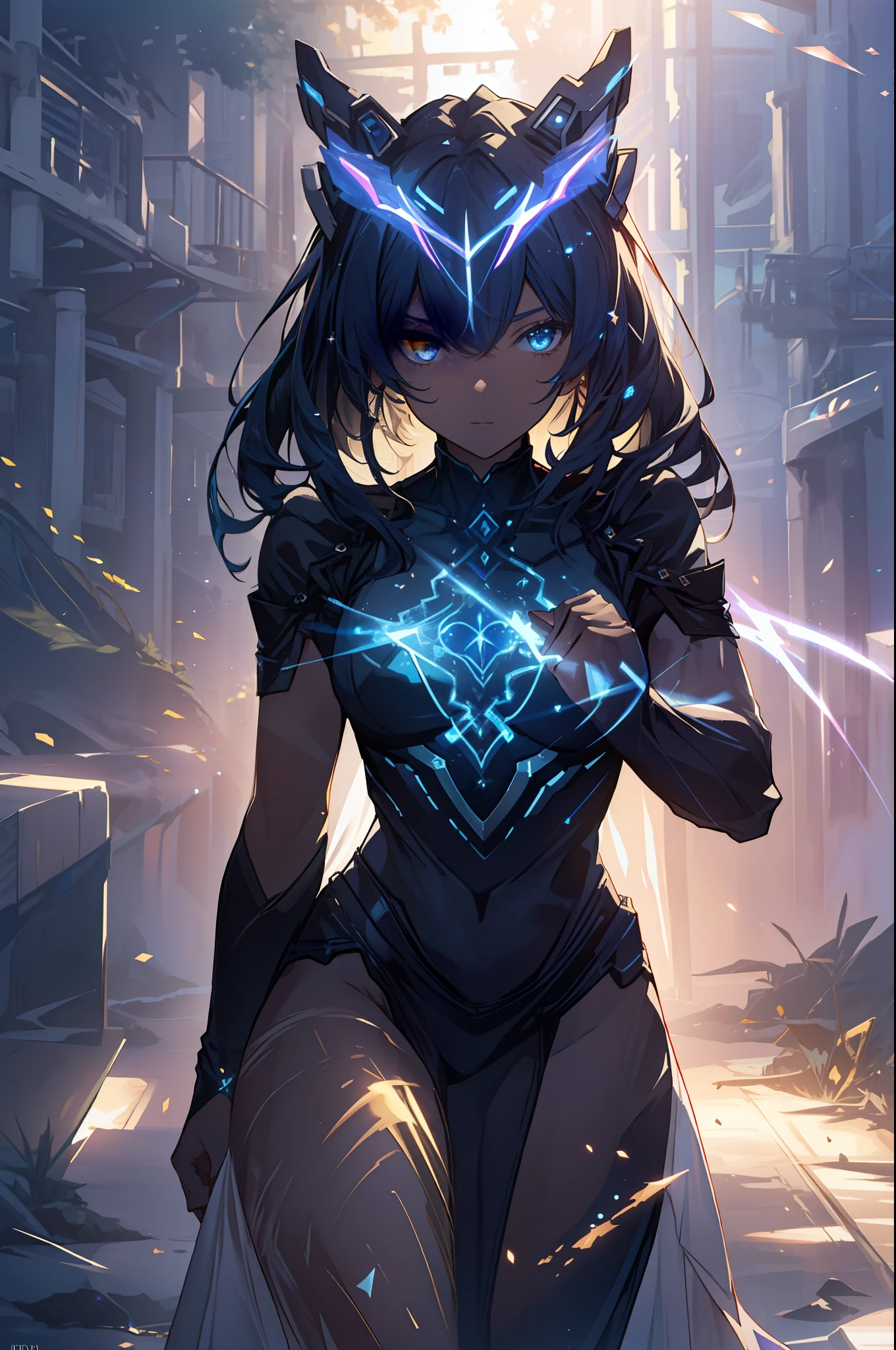 masterpiece, best quality, 1girl, magician, Mysterious expression,magical effects like sparkles or energy, flowing robes or enchanting attire, magical creatures or mystical background, rim lighting, side lighting, cinematic light, ultra high res, 8k uhd, film grain,best shadow, delicate, RAW, light particles, detailed skin texture, detailed cloth texture, beautiful face,mecha musume, mechanical arms, headgear, bodysuit , fighting stance ,holding sword,attack