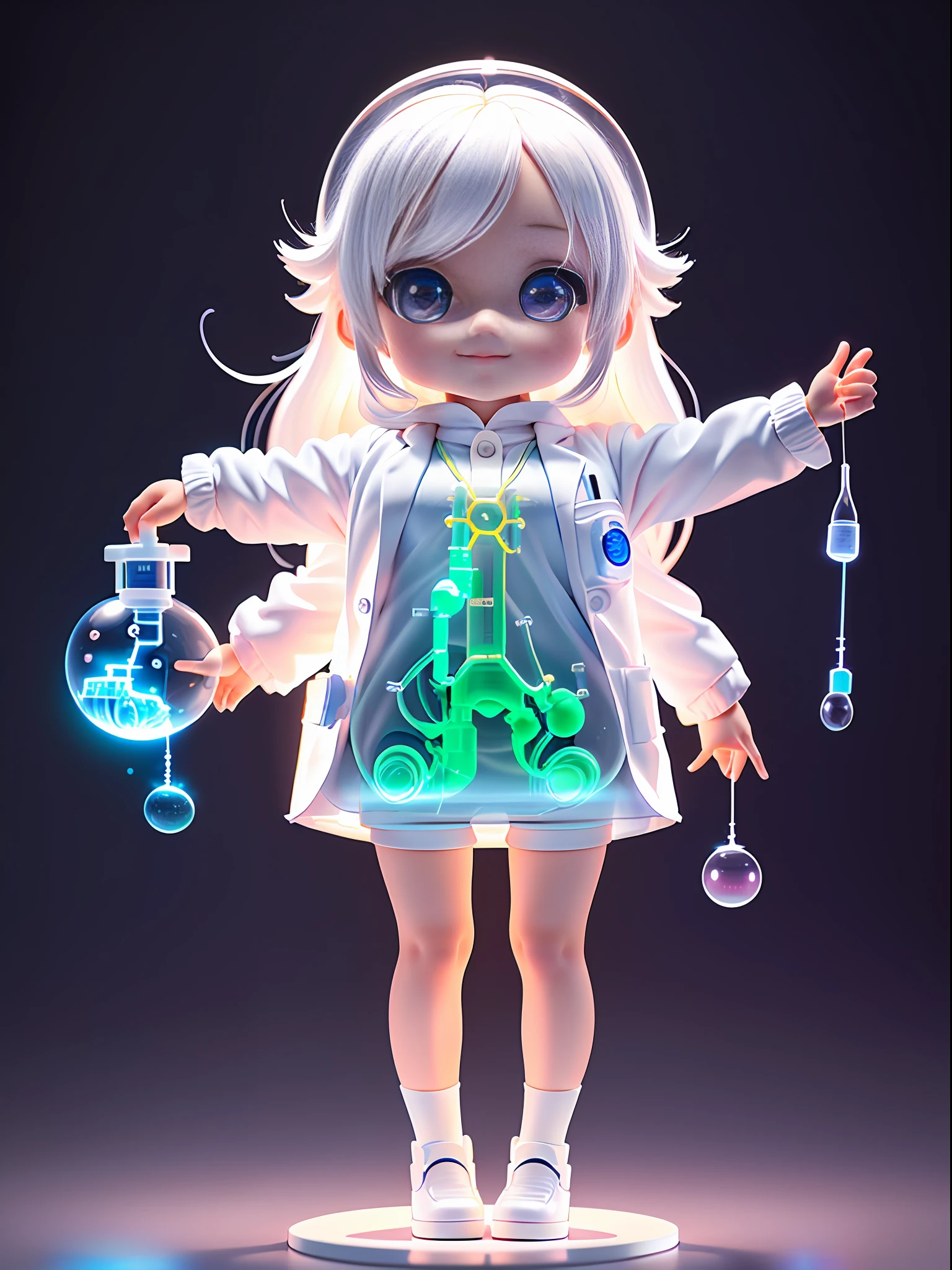 Super cute girl full body 3D drawing, 1 pcs, good looking eyes, big eyes, cute, happy, c4d, pop matt blind box, white long hair, glowing bubbles, toys, solid color background, chibi, fluorescent translucency, luminous body, kawaii, doll, ((((scientist, white lab coat)))), reference table, pop mart blind box, Pixar, complex details, 3d rendering, blender, OC renderer, fol body reference sheet, Dribble, High Details, 8K, Studio Lighting, Loli, Petite, Child, Chibi, SD characters: 1.1, Magic Lab background