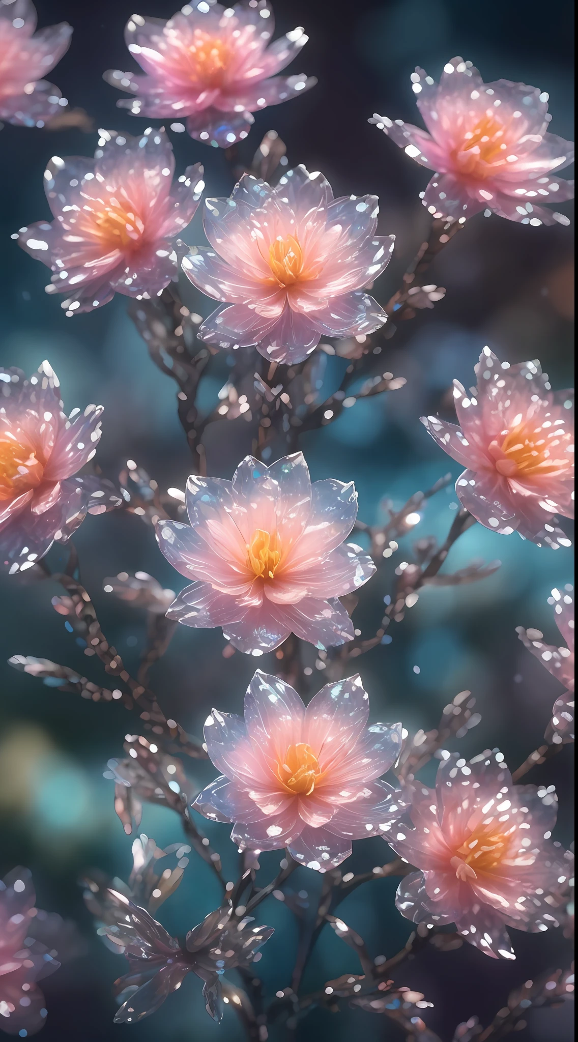 crystal spring blossom,
fantasy, galaxy, transparent, 
shimmering, sparkling, splendid, colorful, 
magical photography, dramatic lighting, photo realism, ultra-detailed, 4k, Depth of field, High-resolution