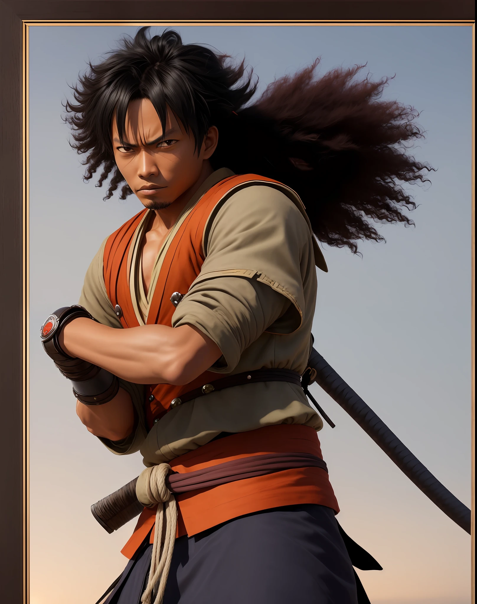 (Best quality), (realistic photo), (dark-skinned samurai protagonist), (wearing Luffy-inspired outfit), (3x4 framing). Curly hair