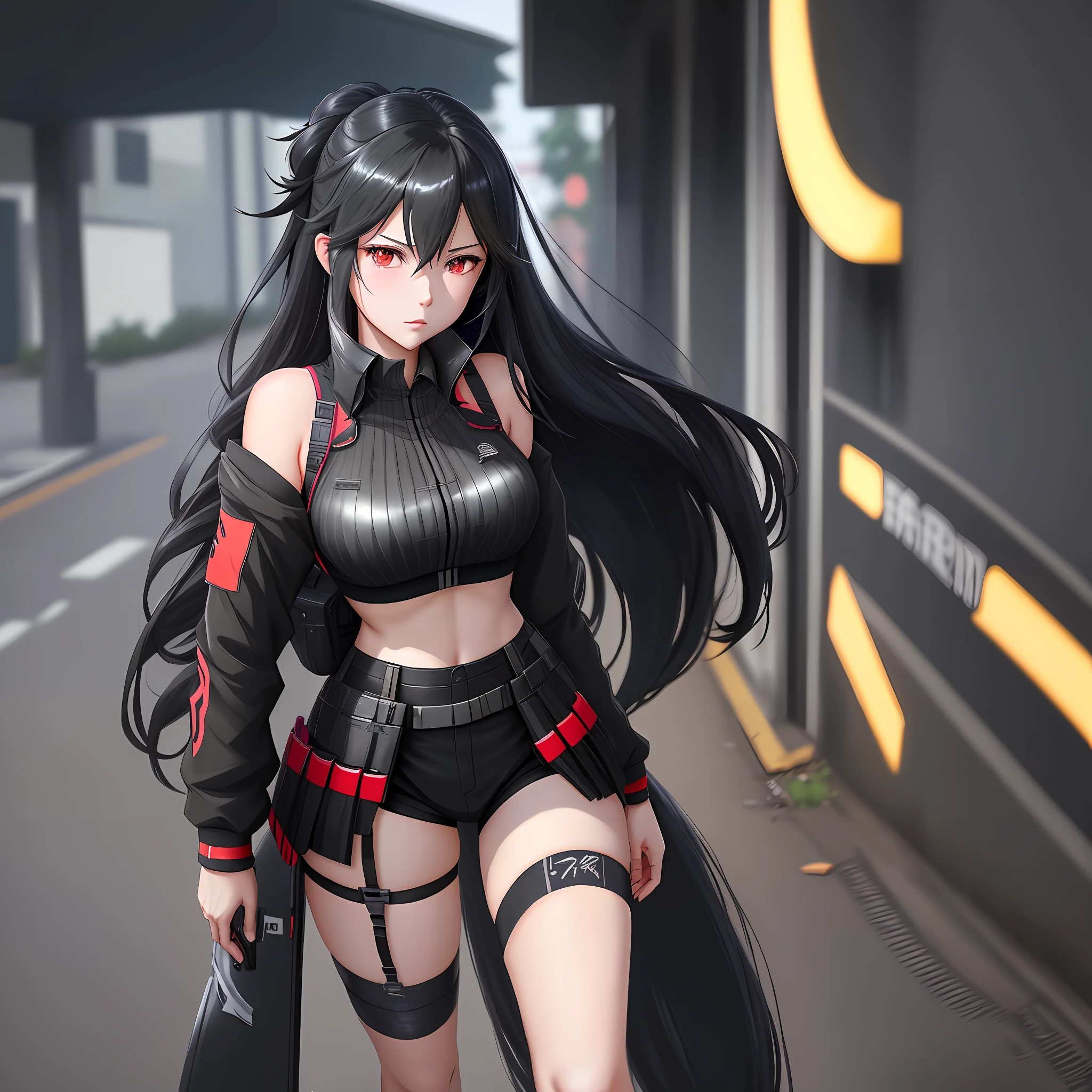 anime girl with long black hair and a black bra top, seductive anime girl, badass anime 8 k, female action anime girl, from girls frontline, fine details. girls frontline, attractive anime girl, female anime character, anime moe artstyle, noire, attractive matoi ryuko, girls frontline cg, beautiful alluring anime woman