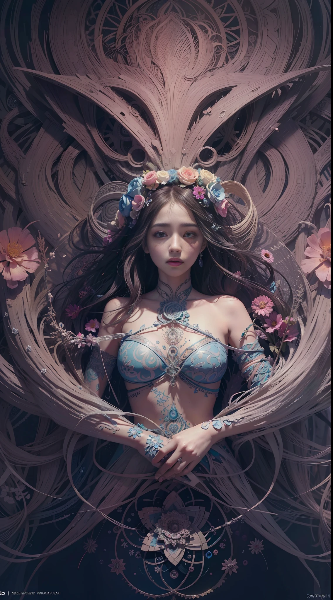 official art, unity 8k wallpaper, ultra detailed, beautiful and aesthetic, beautiful, masterpiece, best quality, (zentangle, mandala, tangle, entangle), (ecstasy of flower:1.2), dynamic angle, cowboyshot, the most beautiful form of chaos, elegant, a brutalist designed, vivid colours, romanticism, atmospheric