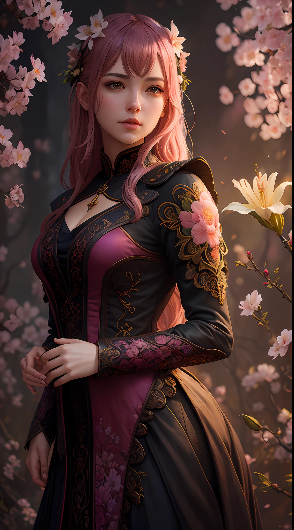 A lily flower by Casey Weldon, Olga Kvasha, Miho Hirano, hyperdetailed intricately detailed gothic art trending on Artstation triadic colors Unreal Engine 5 detailed matte painting, deep color, fantastical, intricate detail, splash screen, complementary colors, fantasy concept art, 8k resolution, gothic deviantart masterpiece, (dark shot:0.9), art by greg rutkowski and artgerm, soft cinematic light, adobe lightroom, photolab, hdr, intricate, highly detailed, pink cherry blossom