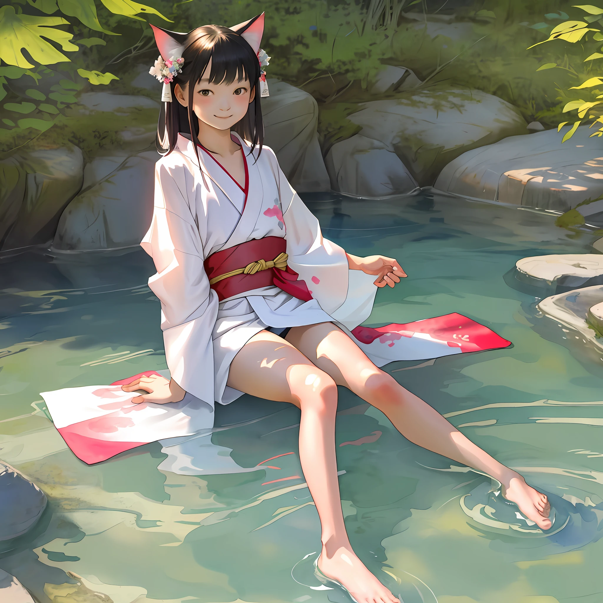 (realistic lighting, top quality, 8K, masterpiece: 1.3), , 1 girl, Japan girls, cat on the surface of the river, 15 years old, slender, white wet kimono, no underwear, sheer skin, chest up, red cheeks, shy smile, kneeling, legs open, bright sunlight, river surface glowing, face in shadow, detailed watercolor background