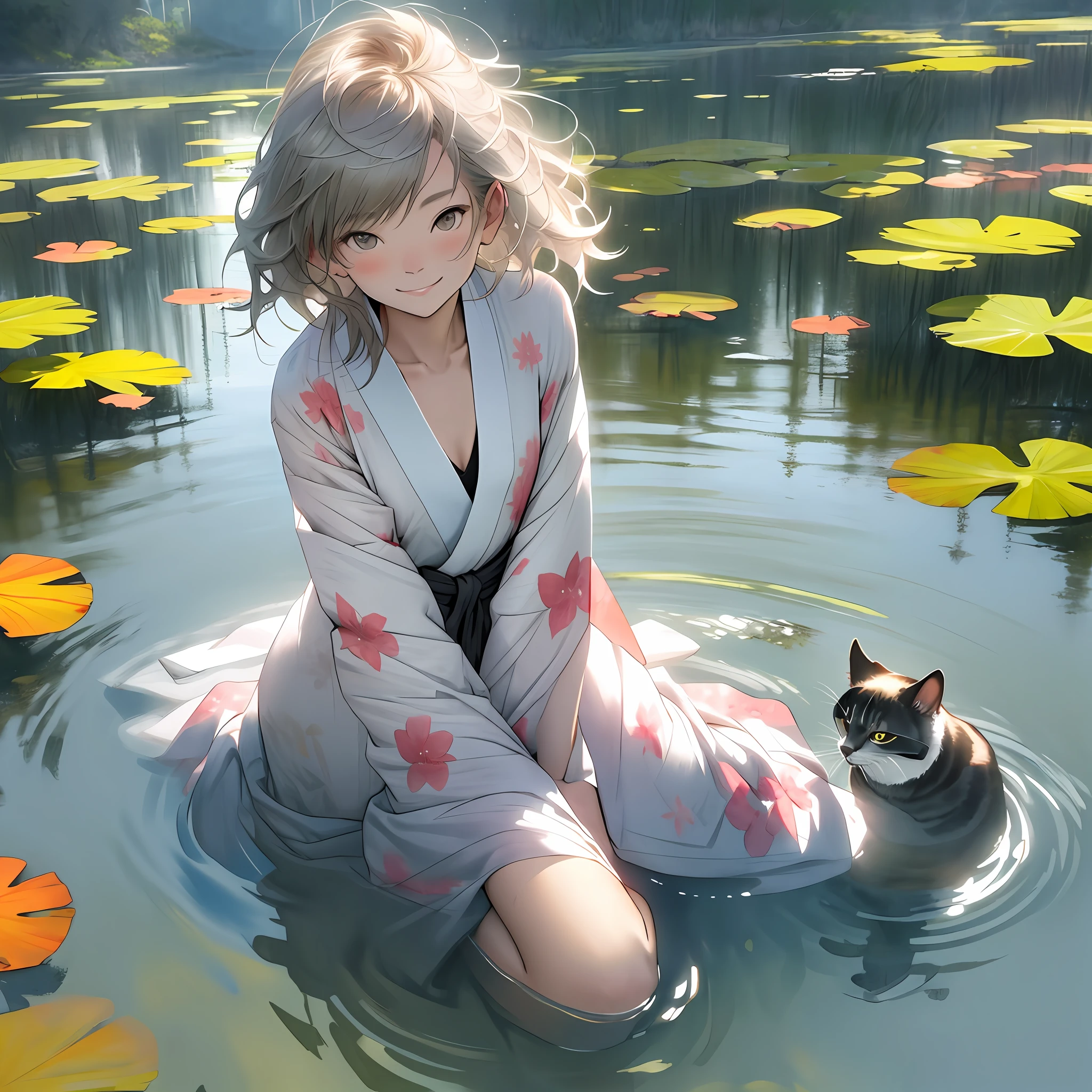 (realistic lighting, top quality, 8K, masterpiece: 1.3), , 1 girl in Japan, cat on the surface of the river, overhead view, 18 years old, slender, white wet kimono, no underwear, sheer skin, chest up, red cheeks, shy smile, kneeling, legs open, bright sunlight, river surface glowing, face in shadow, detailed watercolor background