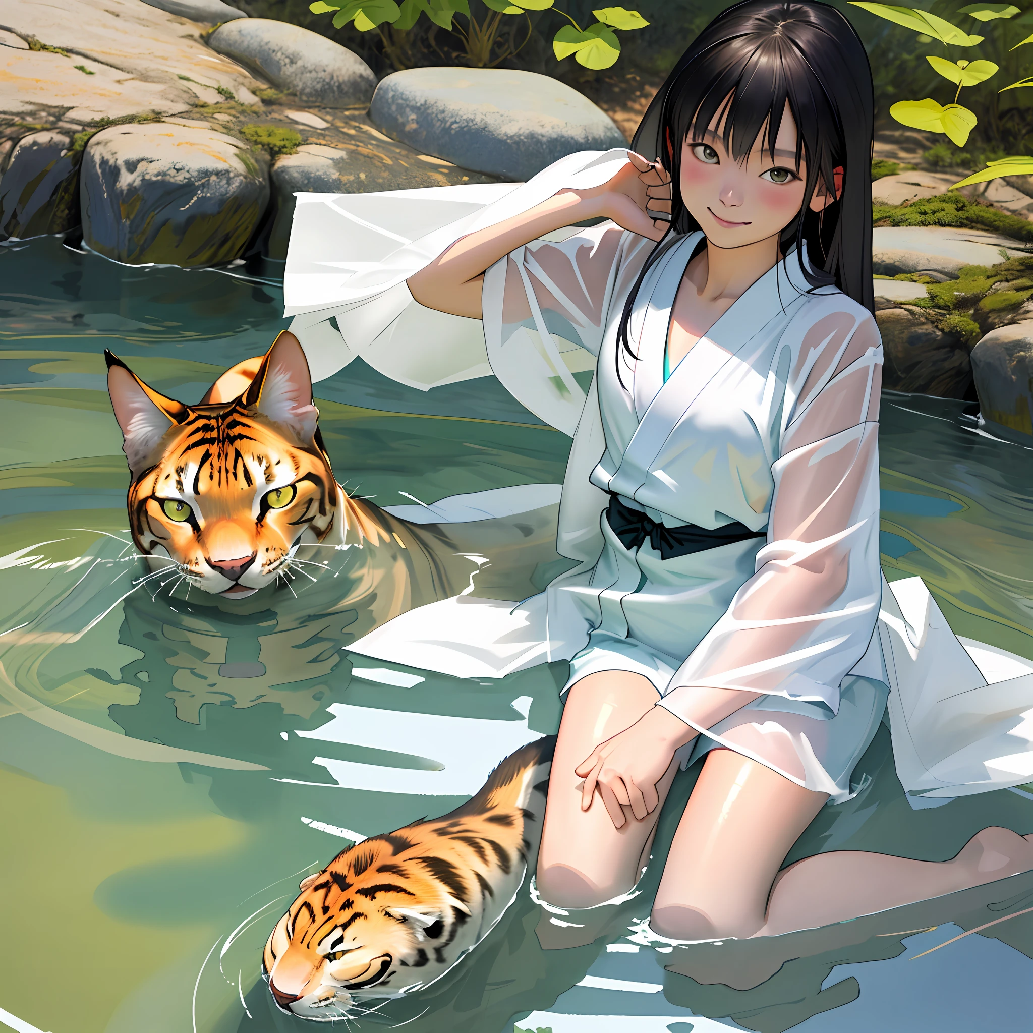 (realistic lighting, top quality, 8K, masterpiece: 1.3), , 1 girl, Japan girls, cat on the surface of the river, 15 years old, slender, white wet kimono, no underwear, sheer skin, chest up, red cheeks, shy smile, kneeling, legs open, bright sunlight, river surface glowing, face in shadow, detailed watercolor background