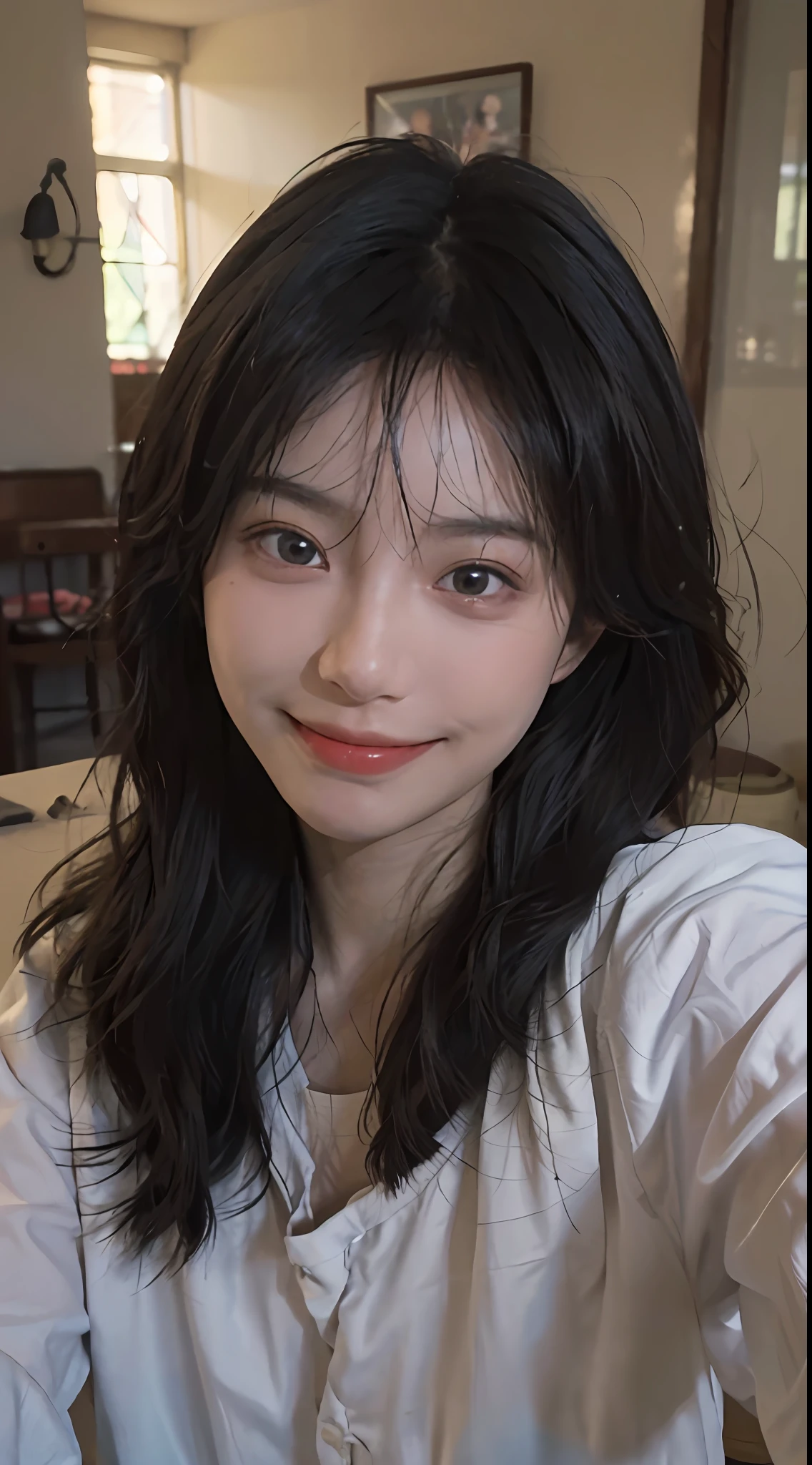 8K, Best Quality, Masterpiece, Ultra High Resolution, (Realism: 1.4), Original Photo, (Realistic Skin Texture: 1.3), (Film Grain: 1.3), (Selfie Angle), 1 Girl, Beautiful Eyes and Face Details, Masterpiece, Best Quality, Close-up, Upper Body, Looking at the Viewer, (Smile: 1.5)