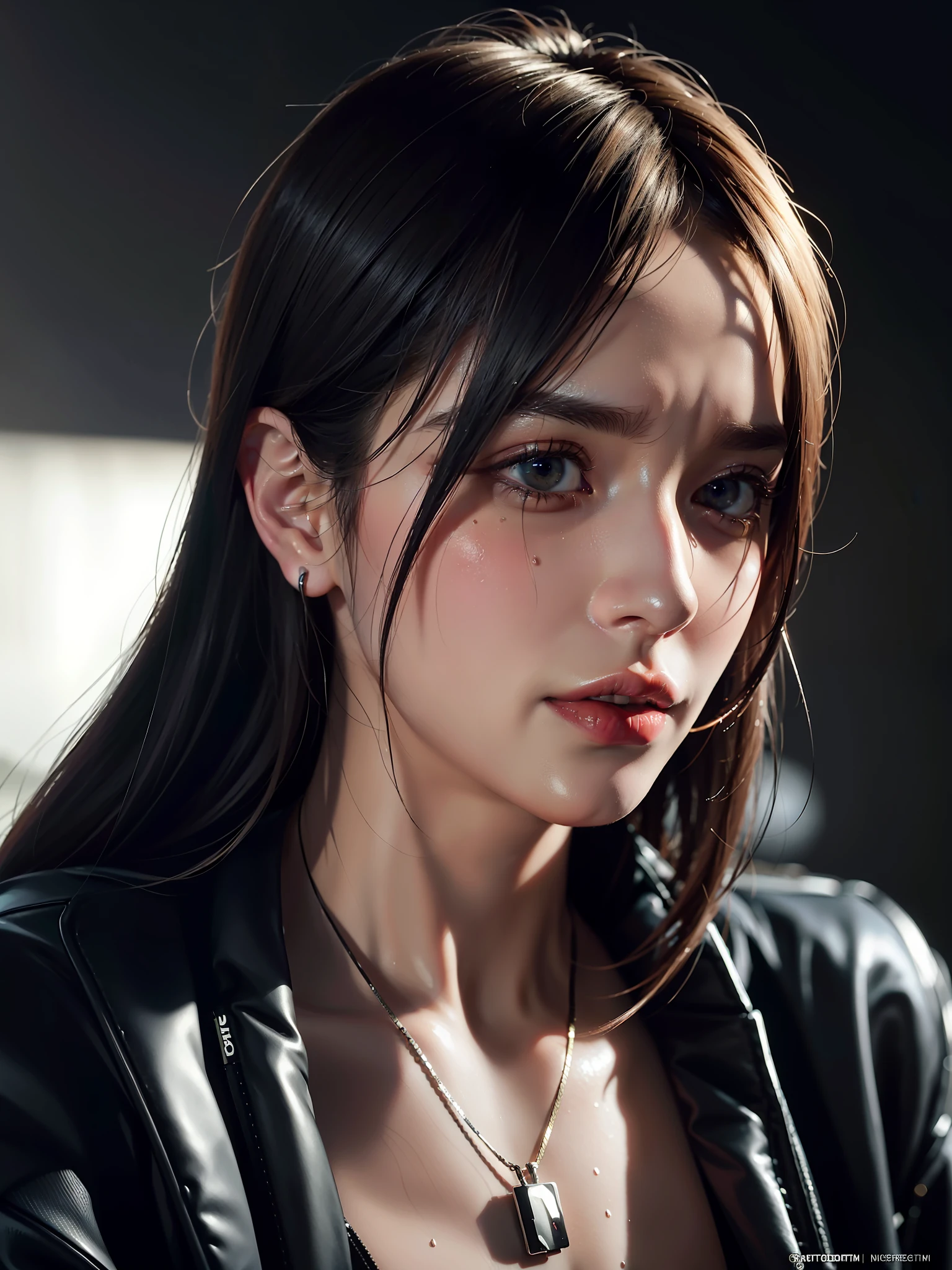 beautiful cyberpunk girl in futuristic night city, (cyberpunk jacket, hourglass figure, evil grimace, dark casual clothes), Cyberpunk night skyscraper backdrop, photorealistic, photo, masterpiece, realistic, realism, photorealism, high contrast, photorealistic digital art trending on Artstation 8k HD high definition detailed realistic, detailed, skin texture, hyper detailed, realistic skin texture, armature, best quality, ultra high res, scared to tears, full of tears , submit to pain, moan in pain, grimace in pain, open mouth, screaming, wet white clothes, (photorealistic:1.4),, high resolution, detailed, raw photo, sharp re, by lee jeffries nikon d850 film stock photograph 4 kodak portra 400 camera f1.6 lens rich colors hyper realistic lifelike texture soft lighting unrealengine trending on artstation cinestill 800,