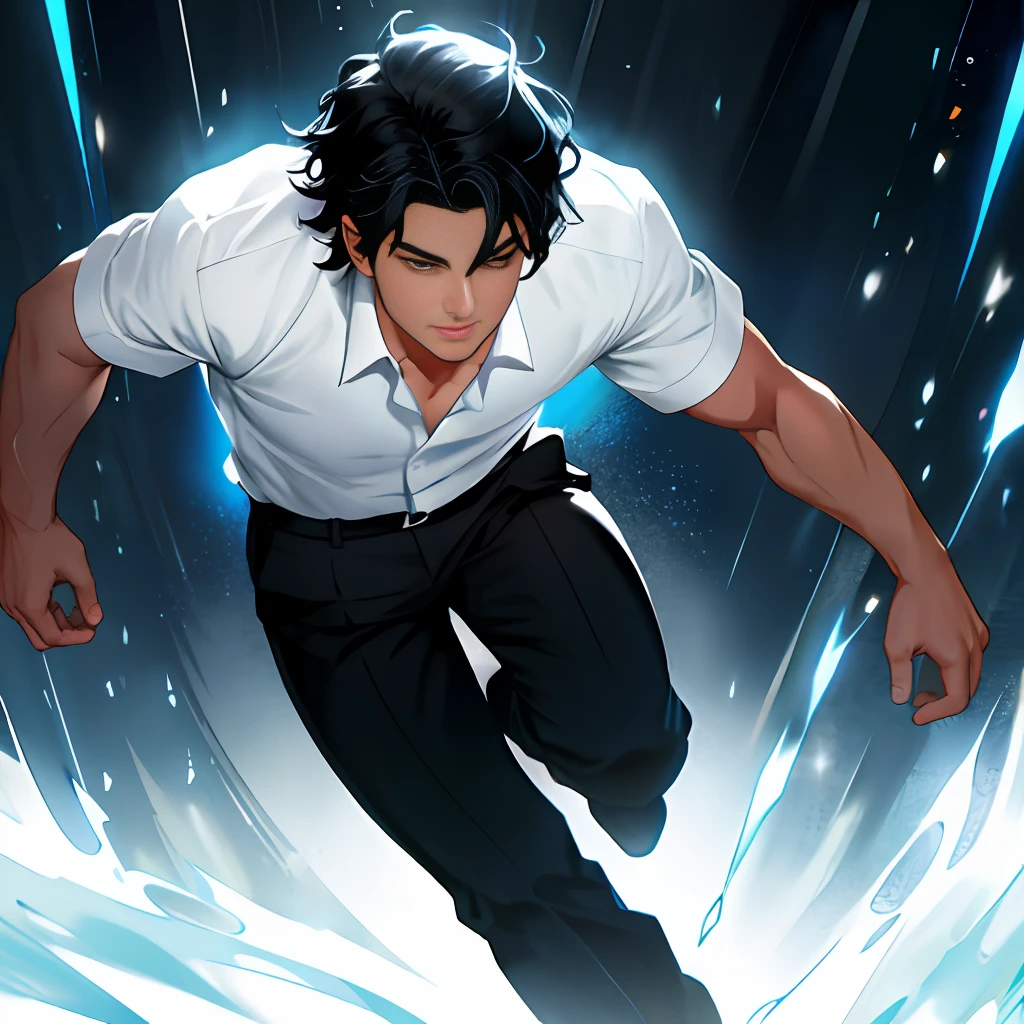 Animation, two-dimensional, at night, a handsome boy on the run, short black hair, black pants, white clothes, big eyes. Masculine handsome, color broken light, ray tracing, light and shadow effects, CG rendering, detailed rendering, detail, masterpiece, high resolution, tracing, lighting, flowing blue long hair, mood light, light and shadow, detail, bright eyes