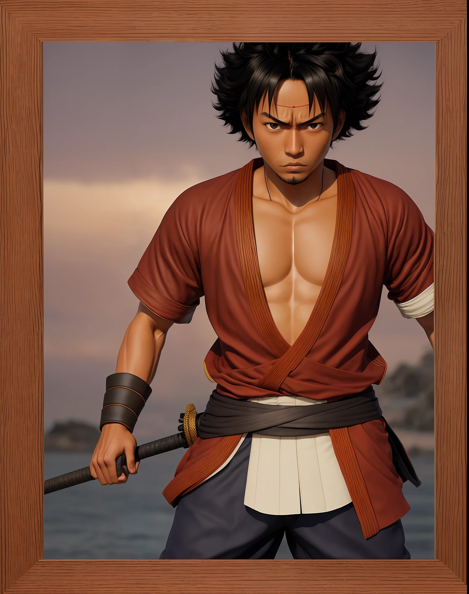 (Best quality), (realistic photo), (dark-skinned samurai protagonist), (wearing Luffy-inspired outfit), (3x4 framing). Curly hair