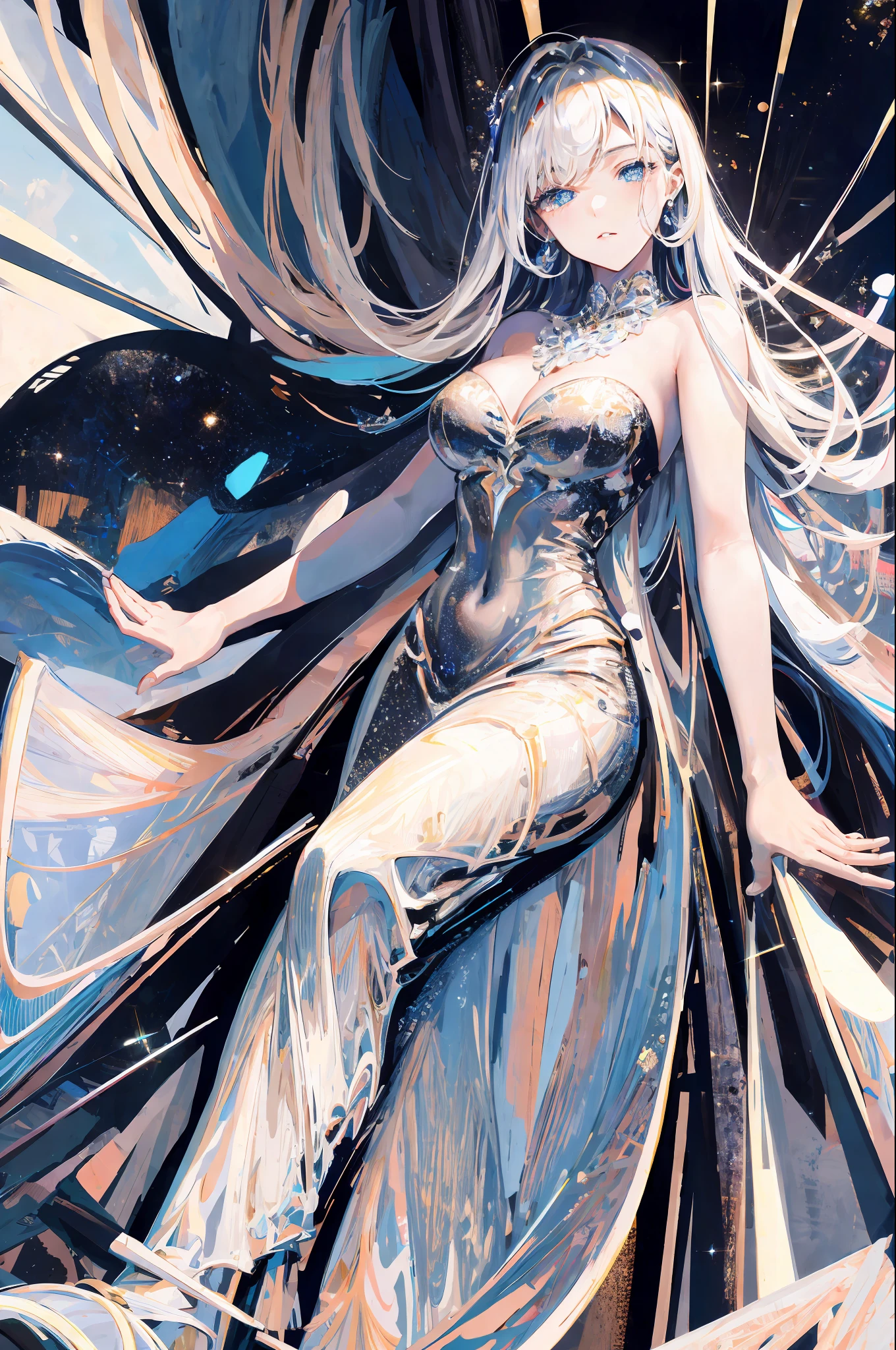 ((Masterpiece, Superb, Super Detailed, High Resolution)), solo, beautiful girl, sparkling eyes, perfect eyes, 15 years old, black and white gold theme,