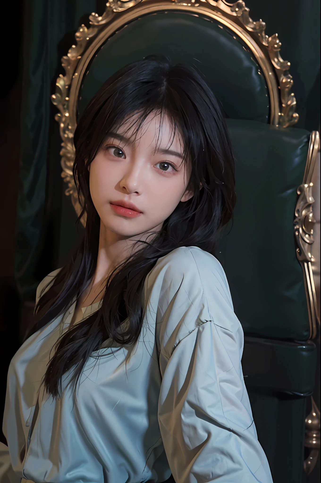 8K, Best Quality, Masterpiece, Ultra High Resolution, (Realism: 1.4), Original Photo, (Real Skin Texture: 1.3), (Film Grain: 1.3), (Selfie Angle), 1 Girl, Beautiful Emerald Eyes and Face Details, Masterpiece, Best Quality, Close Up, Upper Body, Looking at the Viewer