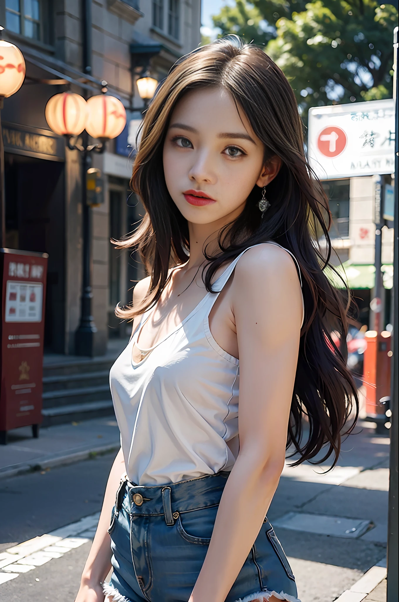 masterpiece, best quality, 1girl, aqua eyes, brunette hair, shut up, street background, looking at the audience, outdoors, solo, upper body, charming, clean, beautiful face, pure face, pale skin, gentle pose, (( shorts)), long hair, (((perfect female figure)), mature female, milf, narrow waist, chinese god, highly detailed, best quality, masterpiece, high resolution, original, extremely detailed 8K, wallpaper, masterpiece, best quality, illustration, beautifully detailed eyes, cinema lighting, earrings, jewelry,,