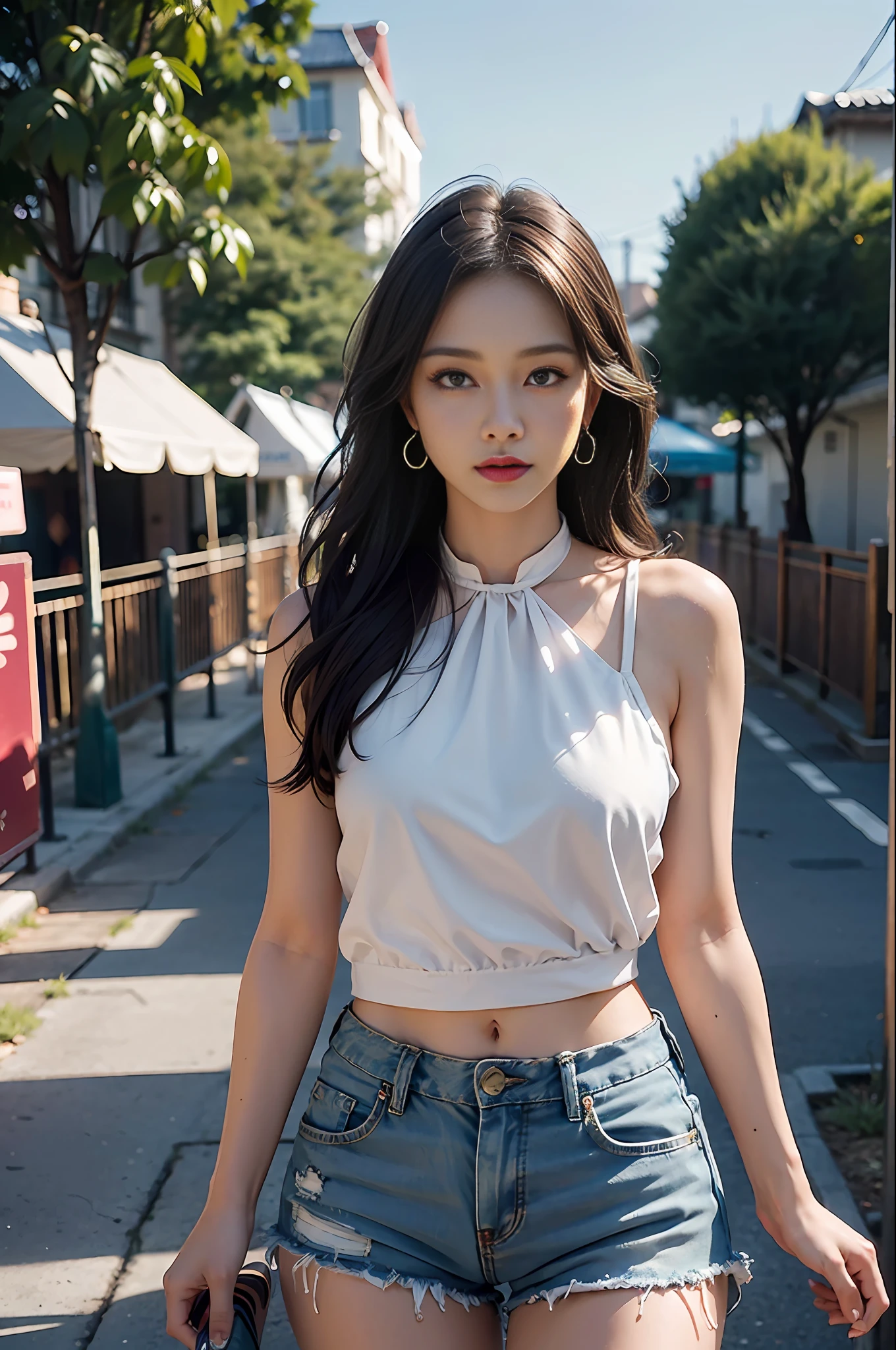 masterpiece, best quality, 1girl, aqua eyes, brunette hair, shut up, street background, looking at the audience, outdoors, solo, upper body, charming, clean, beautiful face, pure face, pale skin, gentle pose, (( shorts)), long hair, (((perfect female figure)), mature female, milf, narrow waist, chinese god, highly detailed, best quality, masterpiece, high resolution, original, extremely detailed 8K, wallpaper, masterpiece, best quality, illustration, beautifully detailed eyes, cinema lighting, earrings, jewelry,,