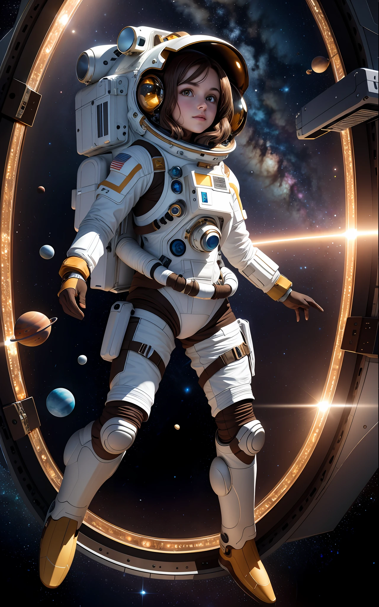 ((Best Quality)), (Masterpiece)), (Details: 1.4), 3D, Absurd Resolution, High Resolution, (Masterpiece: 1.4), Ultra Detailed, Beautiful Girl 1 Image, Beautiful Brown Hair, Beautiful Brown Eyes, Beautiful Face, 20 Years Old, Space, Floating, Small, Spacesuit, Spaceship Deck, Window, Futuristic, Dynamic Pose