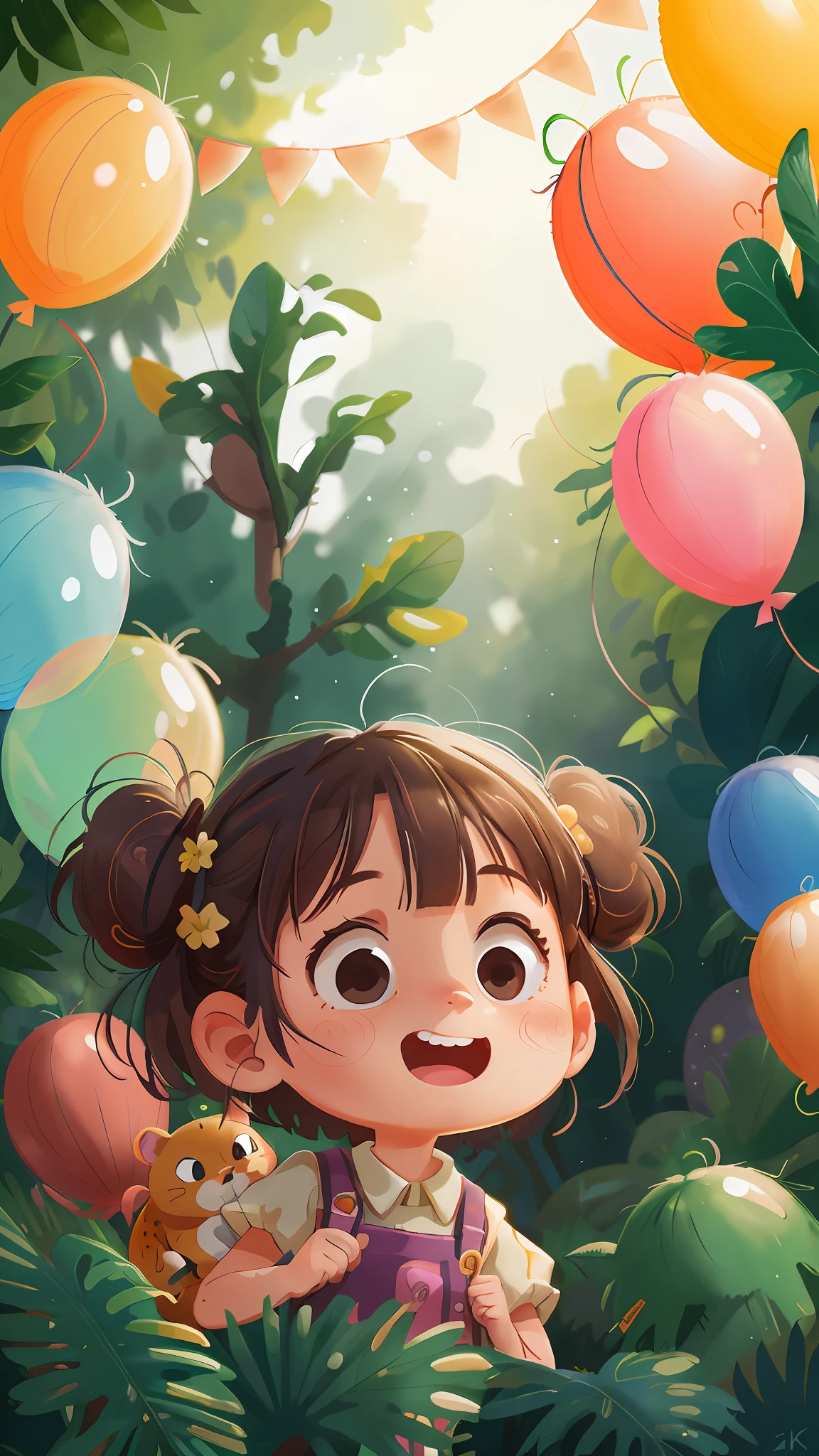 A girl with a zoo, many balloons, happy, happy, perfect quality, clear focus (clutter-home: 0.8), (masterpiece: 1.2) (Realistic: 1.2) (Bokeh) (Best quality) (Detailed skin: 1.3) (Intricate details) (8K) (Detail eyes) (Sharp focus), (Happy)