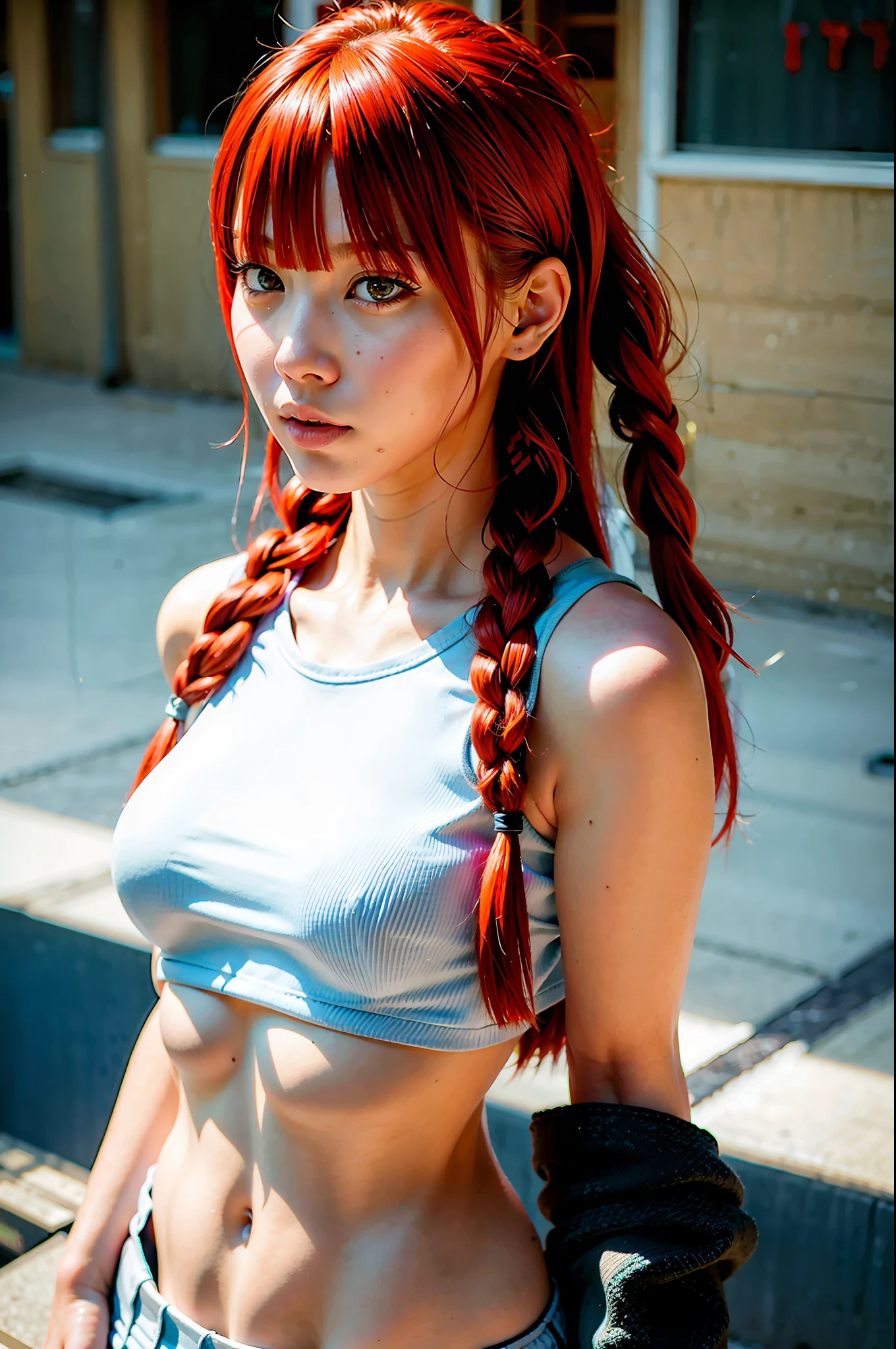 makima \(chainsaw man\), (Kpop idol), (masterpiece), (best quality:1.0), (ultra highres:1.0), (photorealistic:1.4), 1girl, ((puffy eyes)), (red hair:1.5)+(long braided hair)+(bangs), (golden eyes), standing, extremely detailed face, extremely detailed eyes, medium breasts, (school uniform), solo focus, ((upper body)), looking at viewer, detailed beautiful skin, perfect lighting, night, (street), (ulzzang-6500:0.7)
