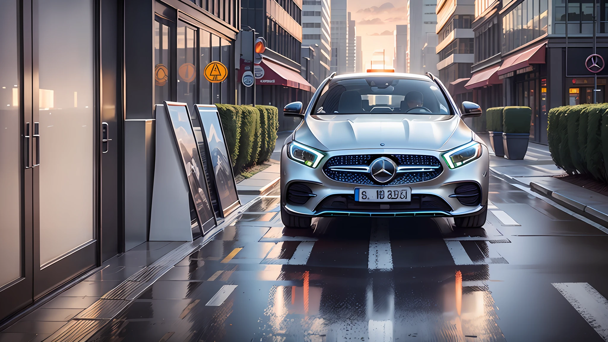 Mercedes-EQ, a Mercedes Benz driving on the Shanghai city lane, road signage, road marking, sky, (commercial street), racing road, racing race sign, silver metal body, glass window, metal reflection, city track, tall building, sunset, photography, art station trend, sharp focus, intricate detail, high detail, ambient light, ray tracing