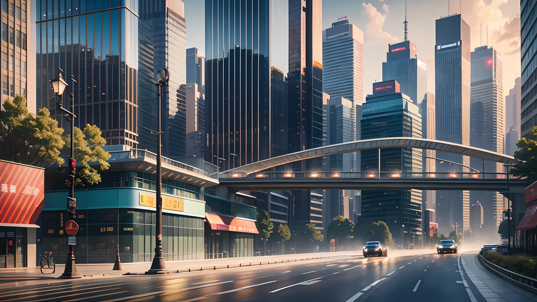 Mercedes-EQ, a Mercedes Benz driving on the Shanghai city lane, road signage, road marking, sky, (commercial street), racing road, racing race sign, silver metal body, glass window, metal reflection, city track, tall building, sunset, photography, art station trend, sharp focus, intricate detail, high detail, ambient light, ray tracing