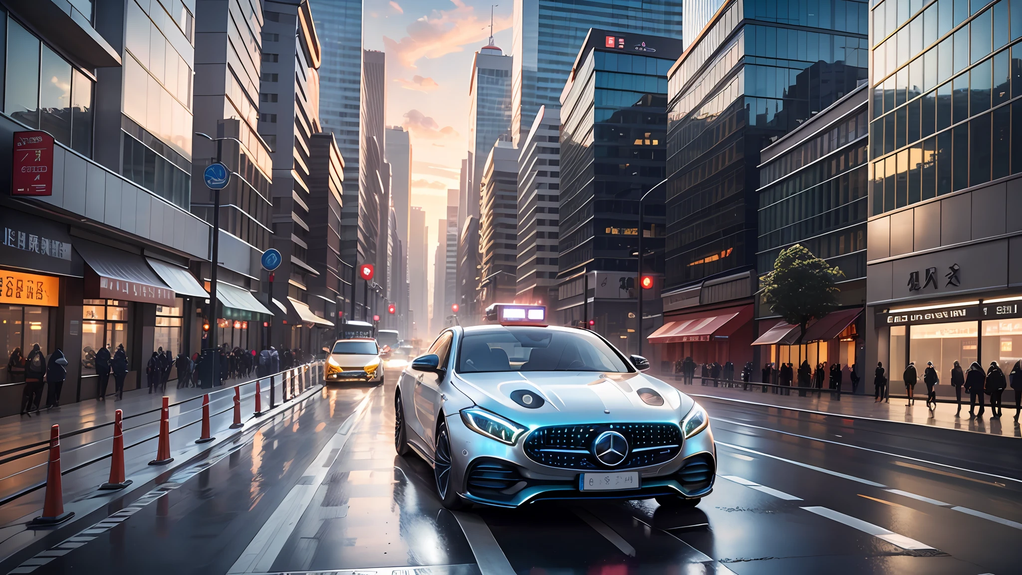 Mercedes-EQ, a Mercedes Benz driving on the Shanghai city lane, road signage, road marking, sky, (commercial street), racing road, racing race sign, silver metal body, glass window, metal reflection, city track, tall building, sunset, photography, art station trend, sharp focus, intricate detail, high detail, ambient light, ray tracing