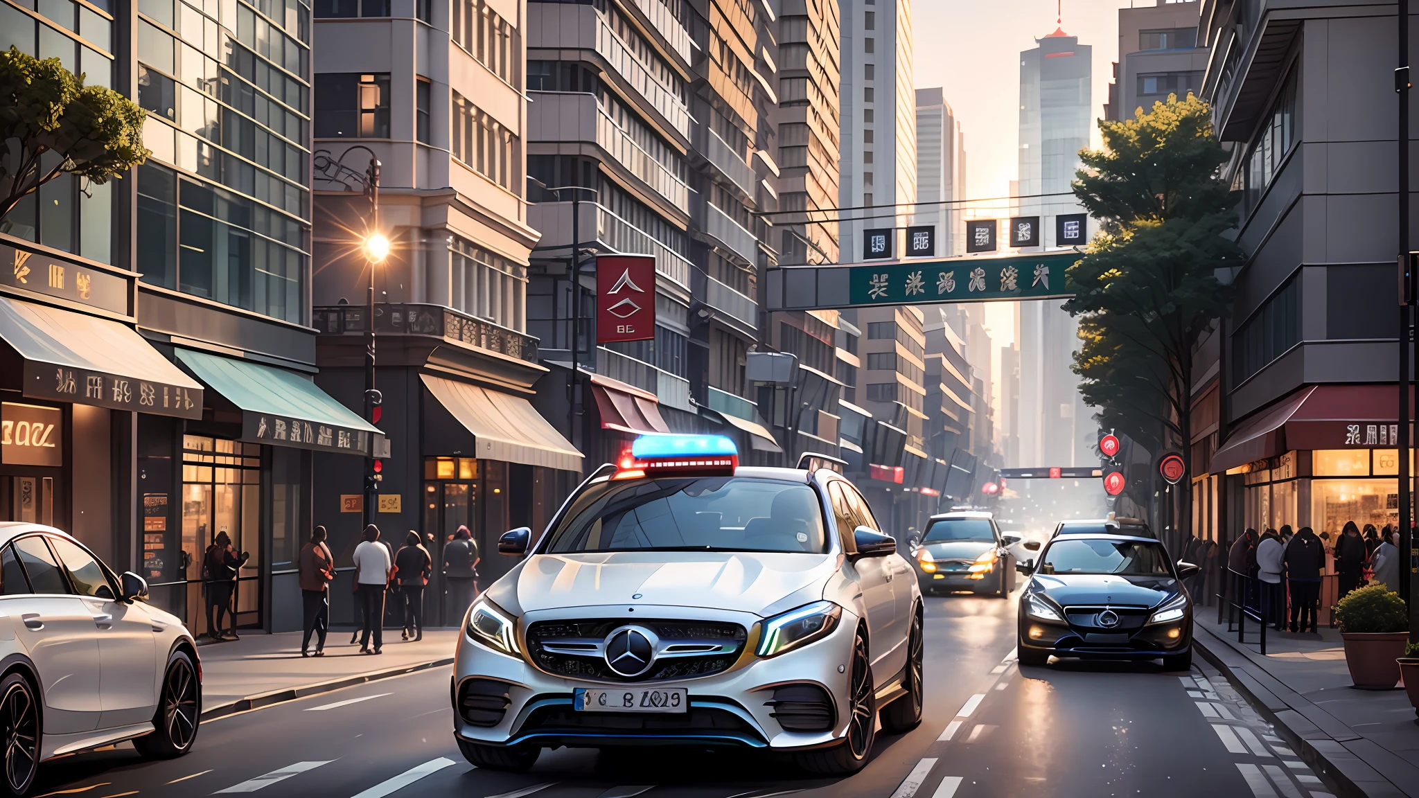 Mercedes-EQ, a Mercedes Benz driving on the Shanghai city lane, road signage, road marking, sky, (commercial street), racing road, racing race sign, silver metal body, glass window, metal reflection, city track, tall building, sunset, photography, art station trend, sharp focus, intricate detail, high detail, ambient light, ray tracing