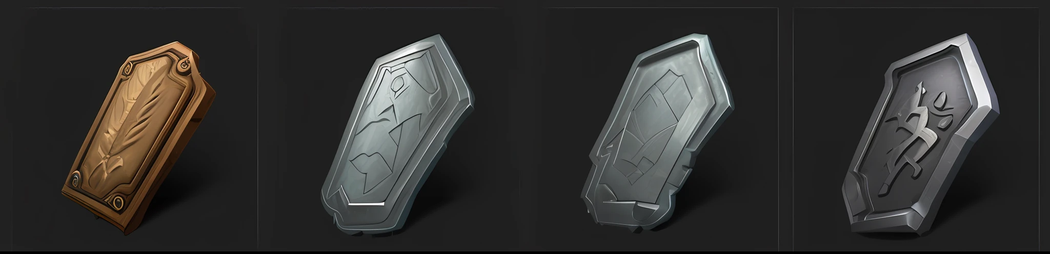 a close up of four different metal plaques with different designs, game asset, game icon asset, as seen on artstation, super detail of each object, shield design, object concept art, trending on polycount, aged armor plating, 3 d icon for mobile game, detailed game art, game asset of fighters, inspired by Li Kan, armor plate, game icon stylized