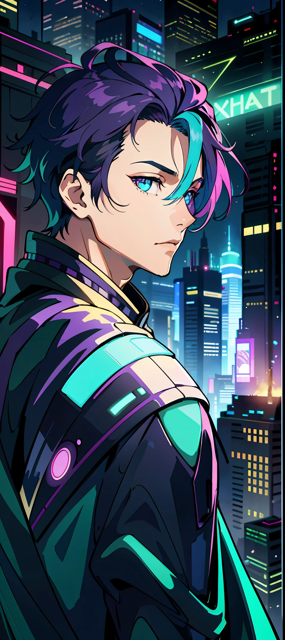 portrait | wide angle shot of eyes off to one side of frame, lucid dream-like man, looking off in distance ::8 style | daydreampunk with glowing skin and eyes, handsome, (handsome young man), he is dripping in neon lights, very colorful blue, green, purple, stylish hair, glowing ::8 background | forest, vivid neon wonderland, particles, blue, green, purple ::7 parameters | rule of thirds, golden ratio, assymetric composition, hyper- maximalist, octane render, photorealism, cinematic realism, unreal engine, 8k