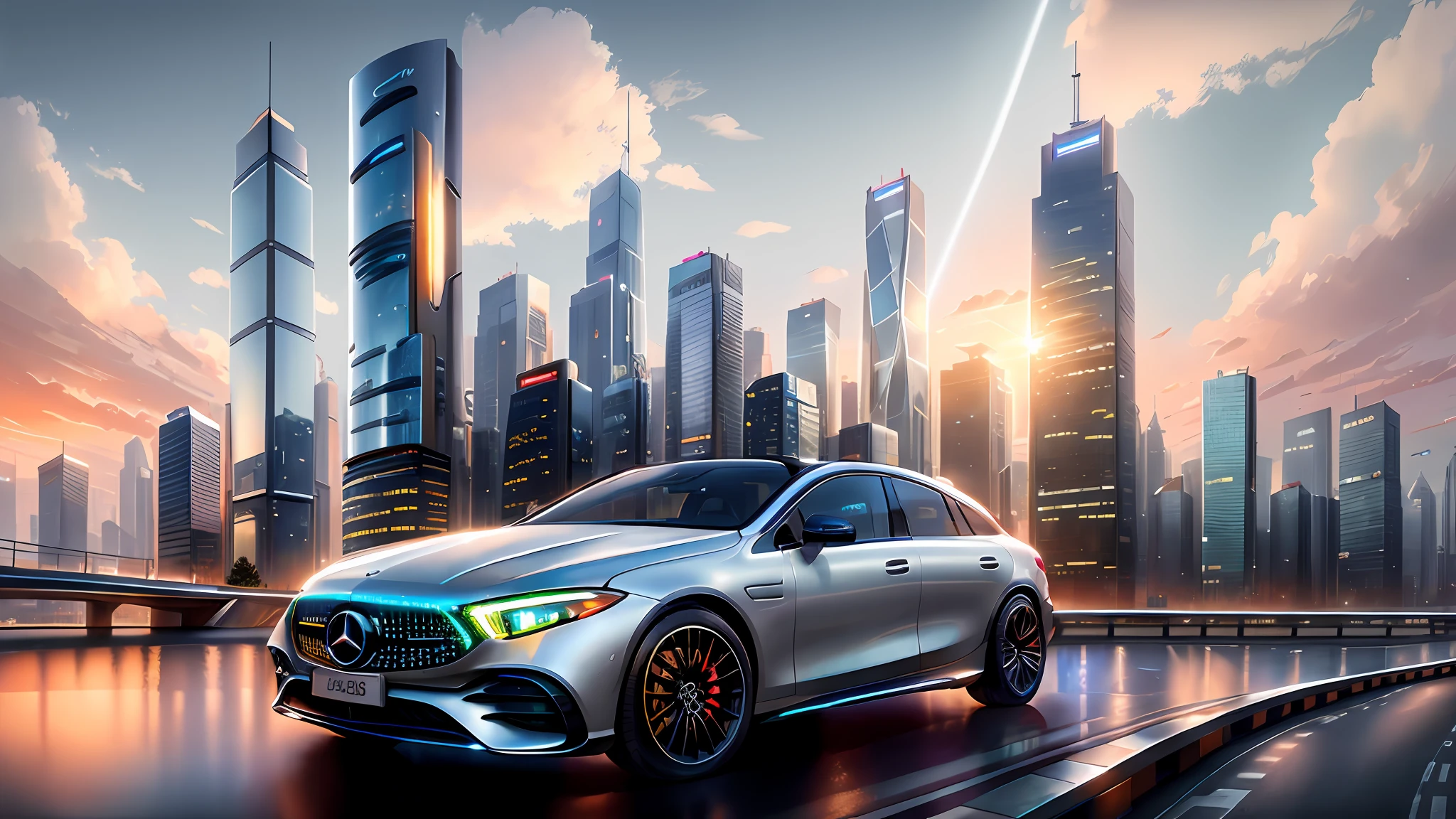 Mercedes-EQ, driving on Shanghai city lane, road signs, road markings, sky, (commercial street), racing road, racing race signs, silver metal body, glass windows, metal reflections, city track, tall buildings, sunset, photography, art station trend, sharp focus, intricate details, high detail, high detail, ambient light, ray tracing