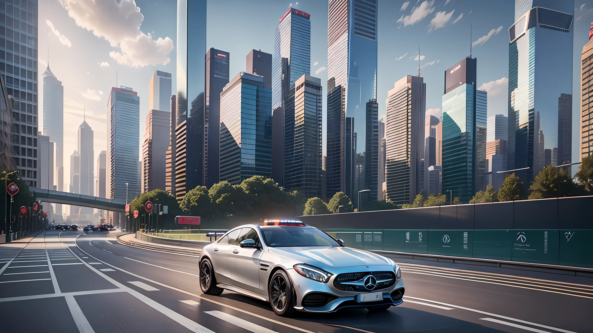 Mercedes-EQ, a Mercedes Benz driving on the Shanghai city lane, road signage, road marking, sky, (commercial street), racing road, racing race sign, silver metal body, glass window, metal reflection, city track, tall building, sunset, photography, art station trend, sharp focus, intricate detail, high detail, ambient light, ray tracing