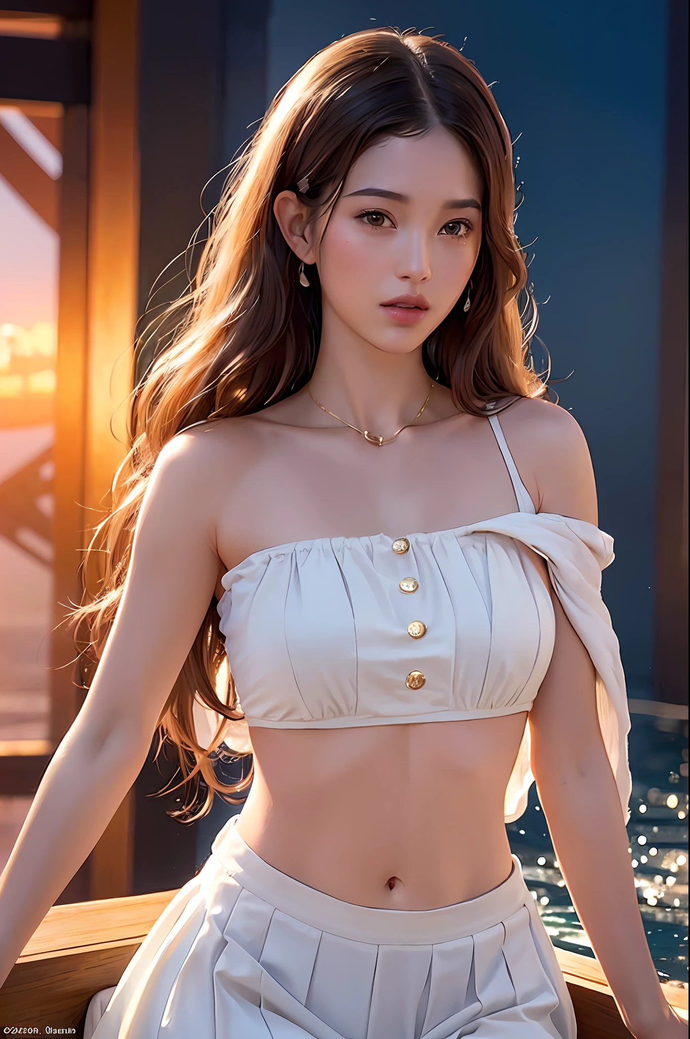 Masterpiece, Best Quality, (8k Very Detailed CG Unit Wallpaper) (Best Quality), (Best Illustration), (Best Shade) Golden Waves, Bright Orange AOL Sunset Through the Waves, Golden Water Drops Flying, (:1.6), 1girl, 18 Years Old, mix4, (8k, RAW Photo, Best Quality, Masterpiece: 1.2), (Realistic, Photo Realism: 1.37), Cute, Night, Rain, Humidity, Professional Lighting, Photon Mapping, Teleportion, Physically Based Rendering , super high resolution, (large breasts: 1.2), on a ship, sails, sea and sky background, unique characters, correct female anatomy, Greg Rutkowski's art, artistic germ digital art, detailed art, masterpieces, digital painting, correct anatomy