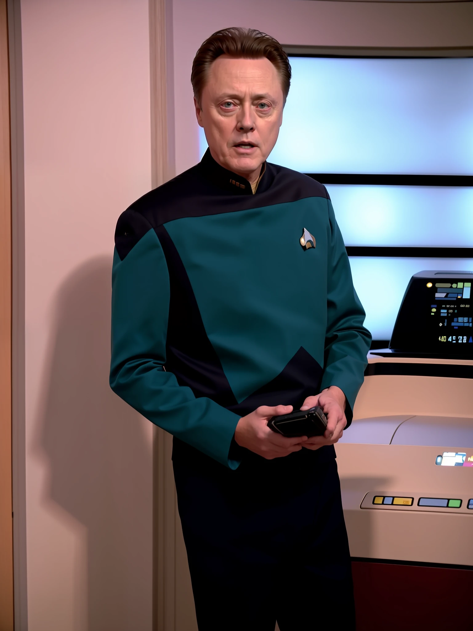 Christopher Walken in a  s3sttngsuit uniform, 8k uhd, dslr, soft lighting, high quality, film grain, higly detailed face,ultra detailed,masterpiece quality,Fujifilm XT3