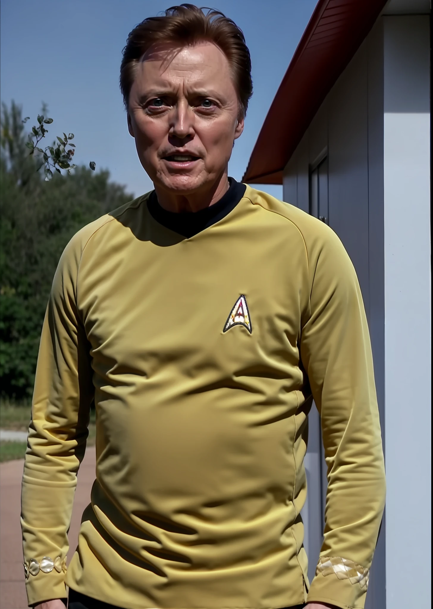 Christopher Walken in a yellow tosunfm near a family home,RAW Photo, 8k uhd, dslr, soft lighting, high quality, film grain, higly detailed face,ultra detailed,masterpiece quality,Fujifilm XT3