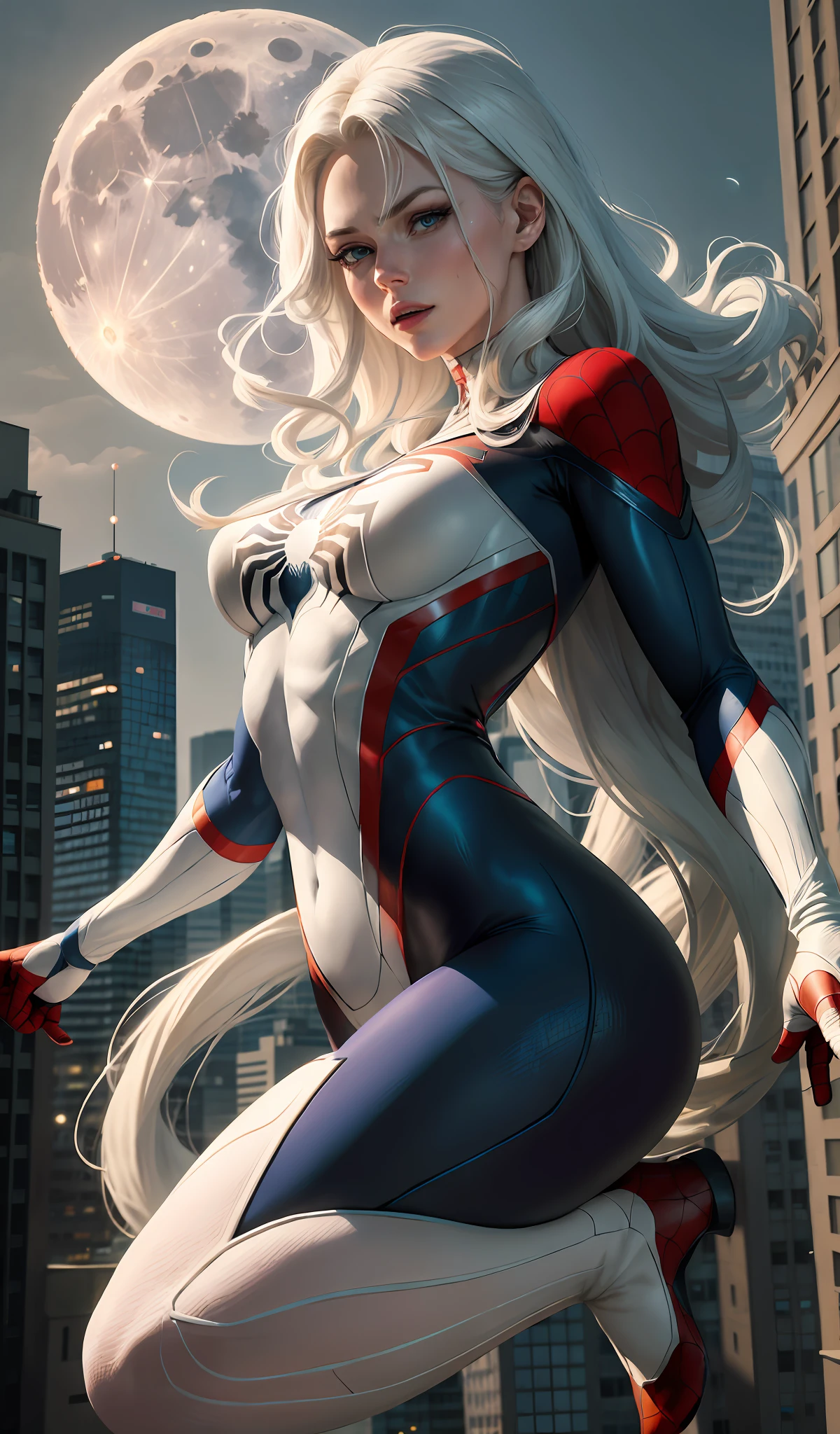 (Masterpiece, 4k resolution, ultra-realistic, very detailed), (White superhero theme, charismatic, there's a girl on top of town, wearing Spider-Man costume, she's a superhero), [ ((25 years), (long white hair:1.2), full body, (blue eyes:1.2), ((Spider-Man pose),show of strength, jumping from one building to another), ((sandy urban environment):0.8)| (cityscape, at night, dynamic lights), (full moon))] # Explanation: The Prompt mainly describes a 4K painting of ultra-high definition, very realistic, very detailed. It shows a superheroine at the top of the city, wearing a Spider-Man costume. The theme in the painting is a white superhero theme, the female protagonist has long white hair, is 25 years old and her entire body is shown in the painting. In terms of portraying the actions of superheroines, spiders are employed