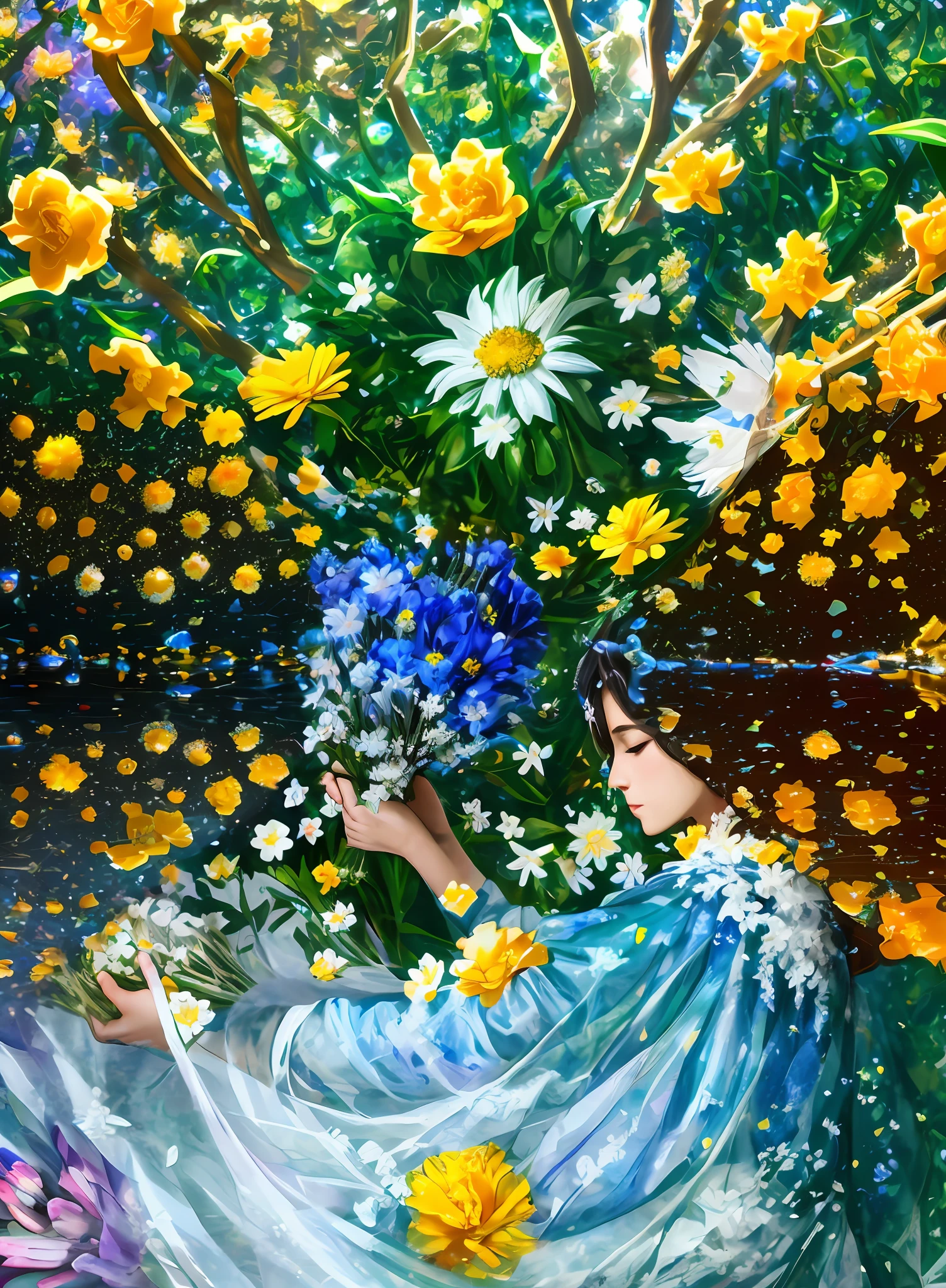 painting of a woman holding a bouquet of flowers in front of a tree, flower child, with flowers, woman in flowers, wrapped in flowers, holding magic flowers, girl in flowers, with frozen flowers around her, digital collage, flower goddess, holding flowers, flower storm portrait, girl in a bed of flowers, full of flowers, large view, album art cover
