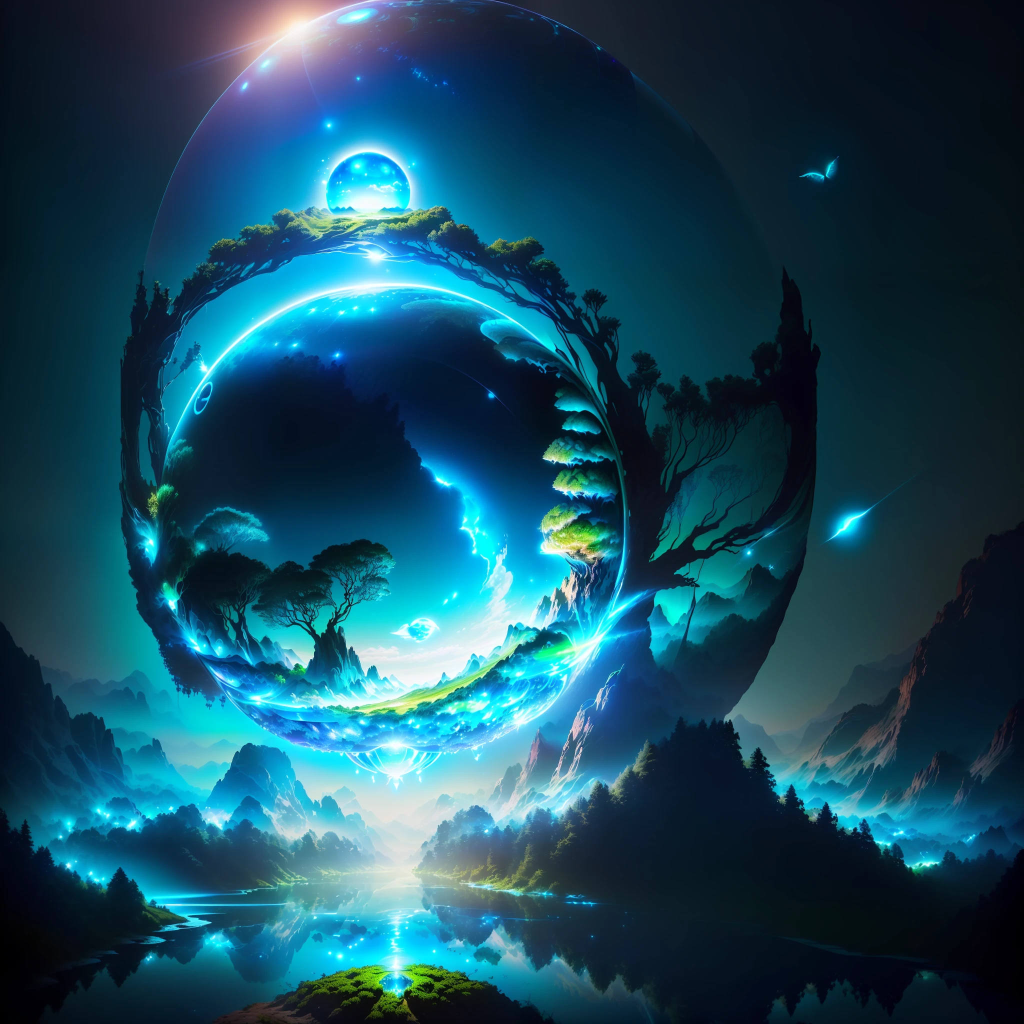 Earth Day poster, (((, Earth and Nature, transparent plastic, optics, surreal, magic, fantasy, composition, bright, light fluorescence, ultra-detaile, trend in artstation, octane rendering,))), futuristic, masterpiece , super detail, best quality, birds singing in the ball, natural mountains and rivers echoing, master creative works,