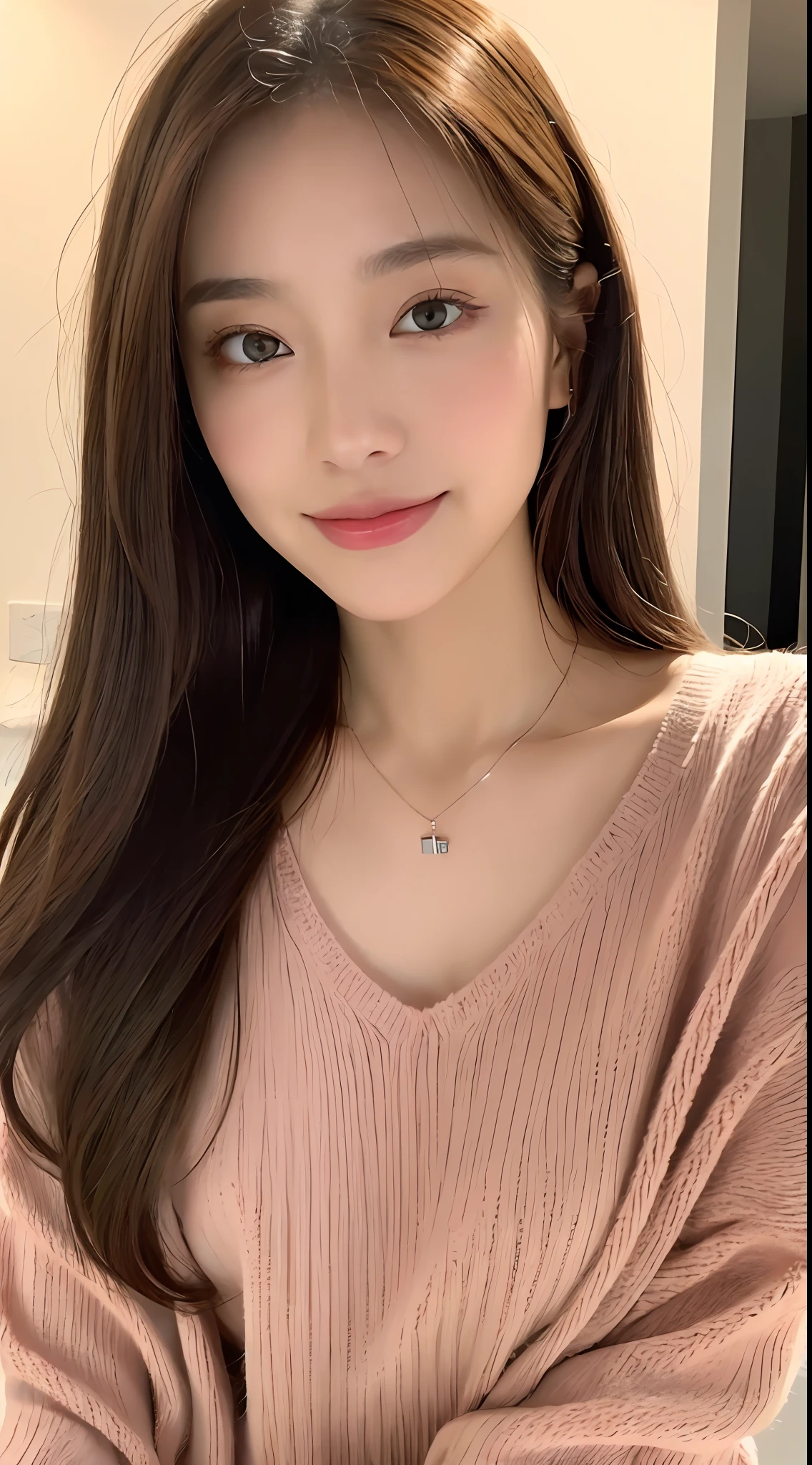 ((Night, Realistic Light, Best Quality, 8K, Masterpiece: 1.3)), 1girl, Slim Beauty: 1.4, Abs: 1.1, (Brown hair, Medium breasts: 1.3), Long pink sweater: 1.1, Bathroom, Super fine face, Delicate eyes, Double eyelids, smile, necklace, telescopic lens