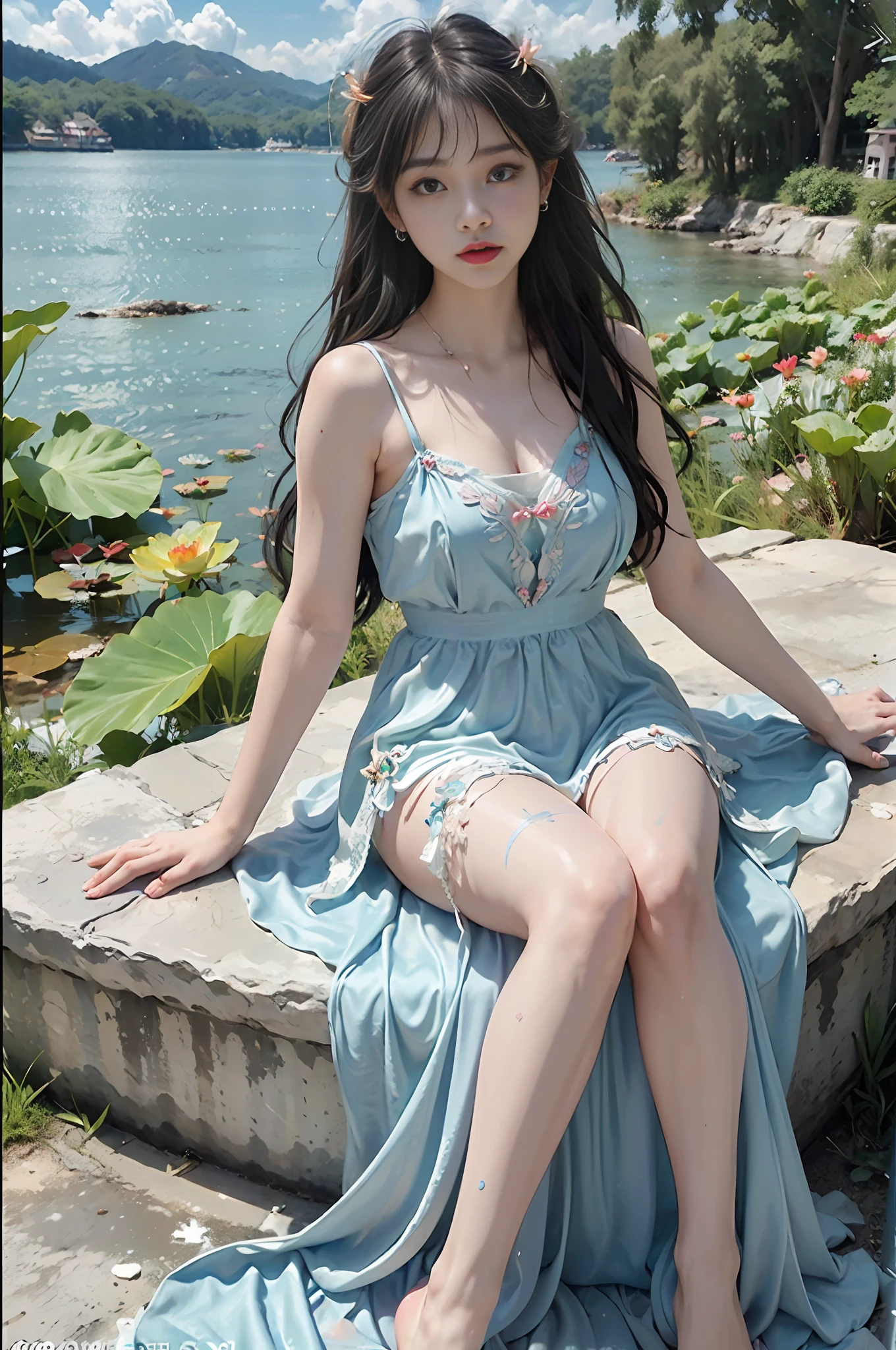 ((((Lotus Pond, Fairy Long Dress: Style 500, Close-up, Colorful Dress, Blue Sky Pool, Sea of Colorful Clouds, Looking at the Camera, Renaissance Art, Barefoot, Detail Quality Depicting 5 Toes, Long Legs, Latex Clothing, HD))), (((Super Detailed, Extreme Detail))), Super Fine Painting, Master Production, Full Body Shot, Highest Quality, 8K, Light Rainbow Bright Hair, Long Flowing Waves, Delicate Cute Big Eyes, Perfect Eye Makeup, Delicate Eyelashes, Seductive Pouty Lips, Collarbone, (Huge crystal, colorful large bubbles, Tyndall effect, large coral, small coral, plush decoration: 1.2, body painting, body graffiti), leg detail quality depiction, (mid-chest: 1.2), dream fantasy background, (detail quality depiction finger: 1.8), real finger: 1.6, fine repair finger,