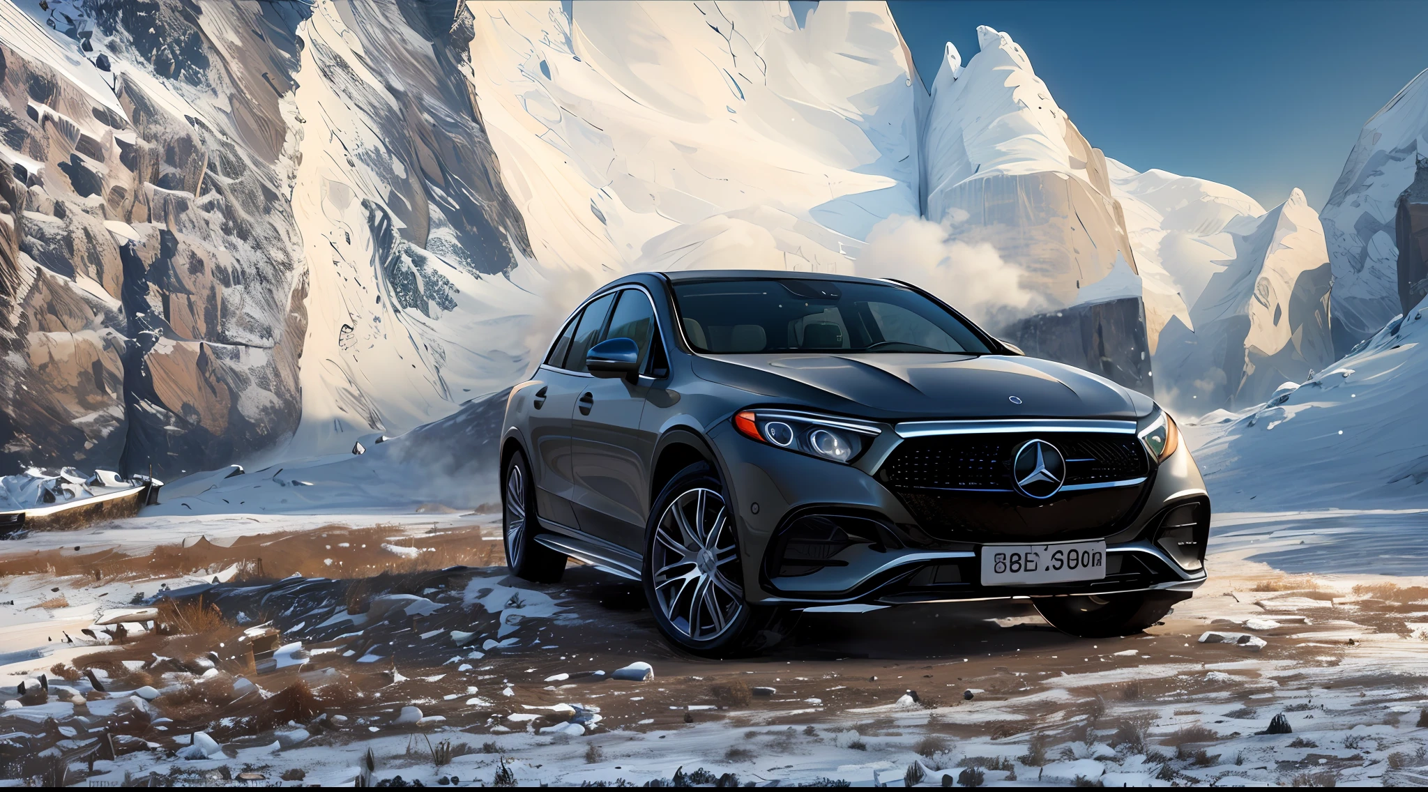 (Masterpiece, best quality: 1.2), ultra-detailed, snow-piercing, frozen mountains on a Mercedes EQS car, (reality: 1.5),